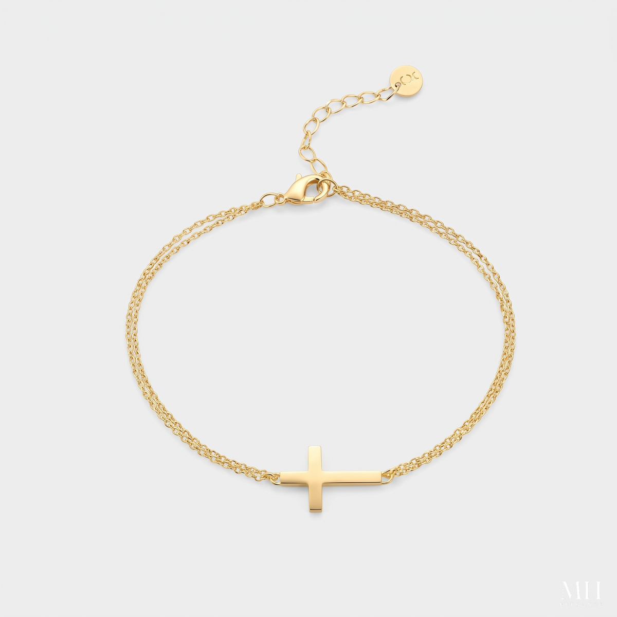 Sideways Cross Bracelet for Women | 14K Gold Double Chain Faith Bracelet