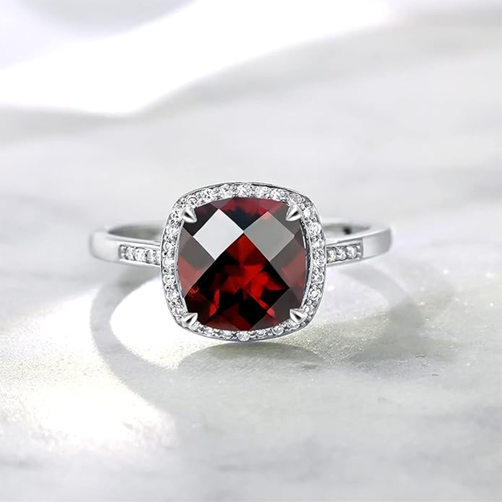 Ziva Garnet Cushion Halo Ring