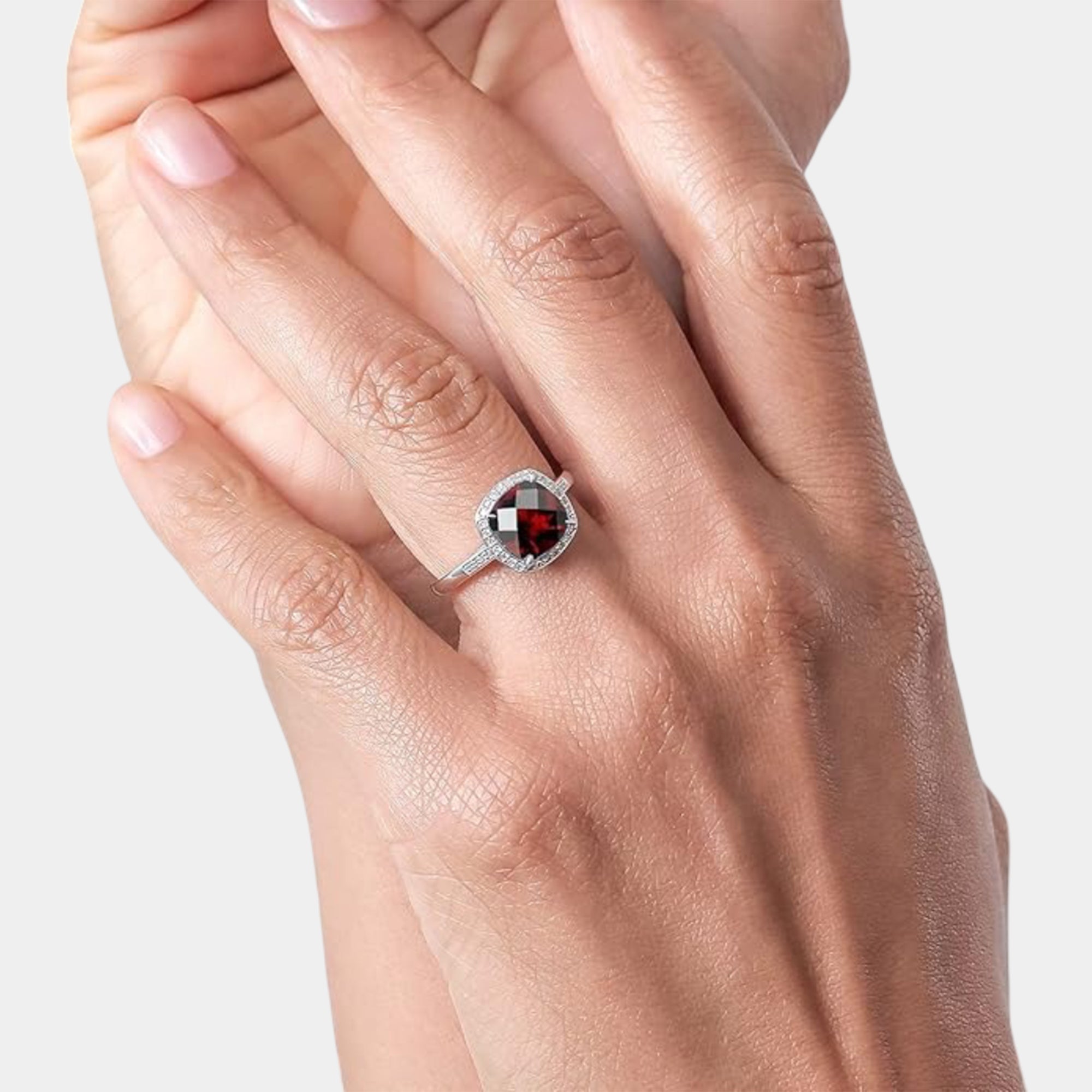 Ziva Garnet Cushion Halo Ring