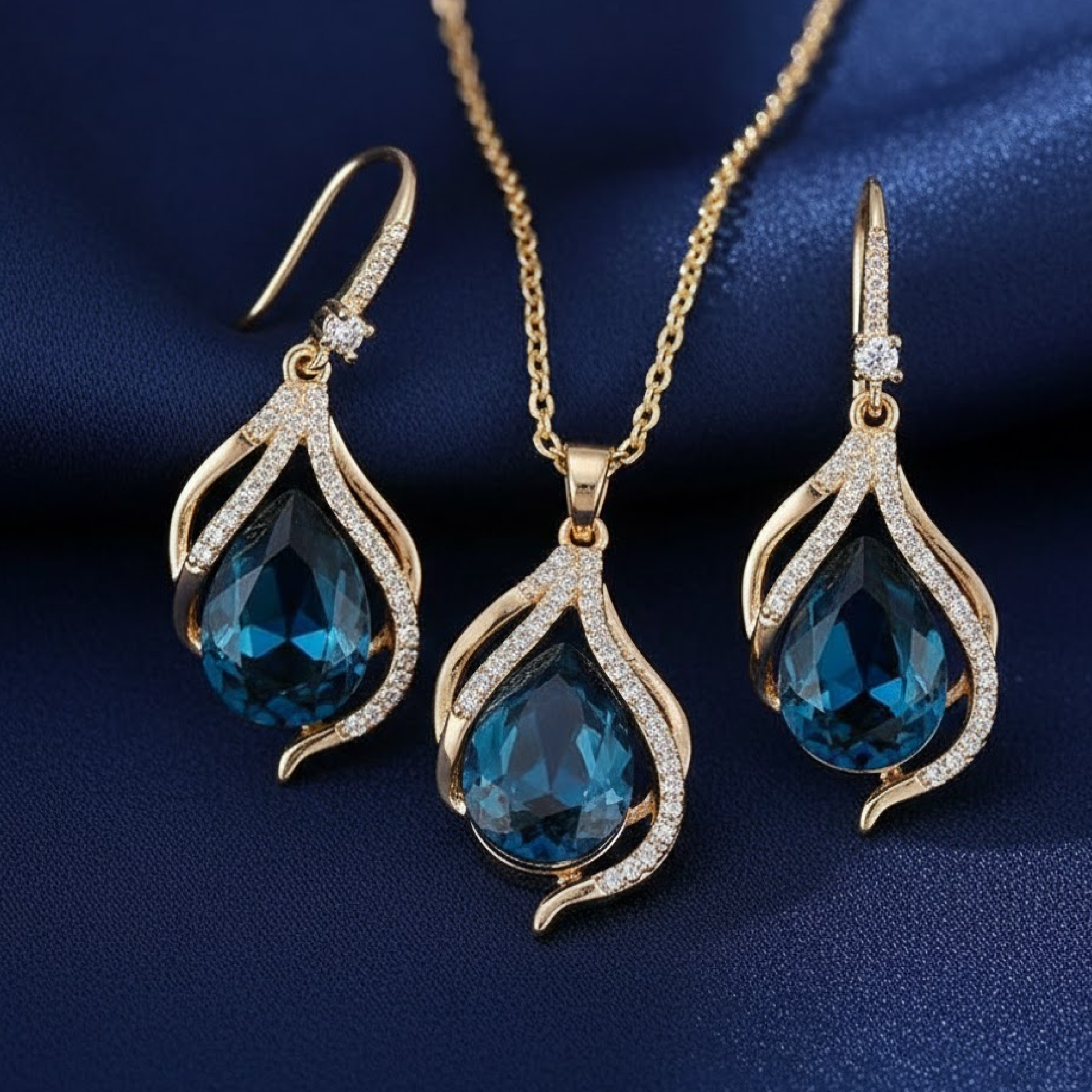 Aurora Rose Crystal Teardrop Jewelry Set - MH ELEGANCE - Aurora Rose Crystal Teardrop Jewelry Set - Pendant & Earring Set