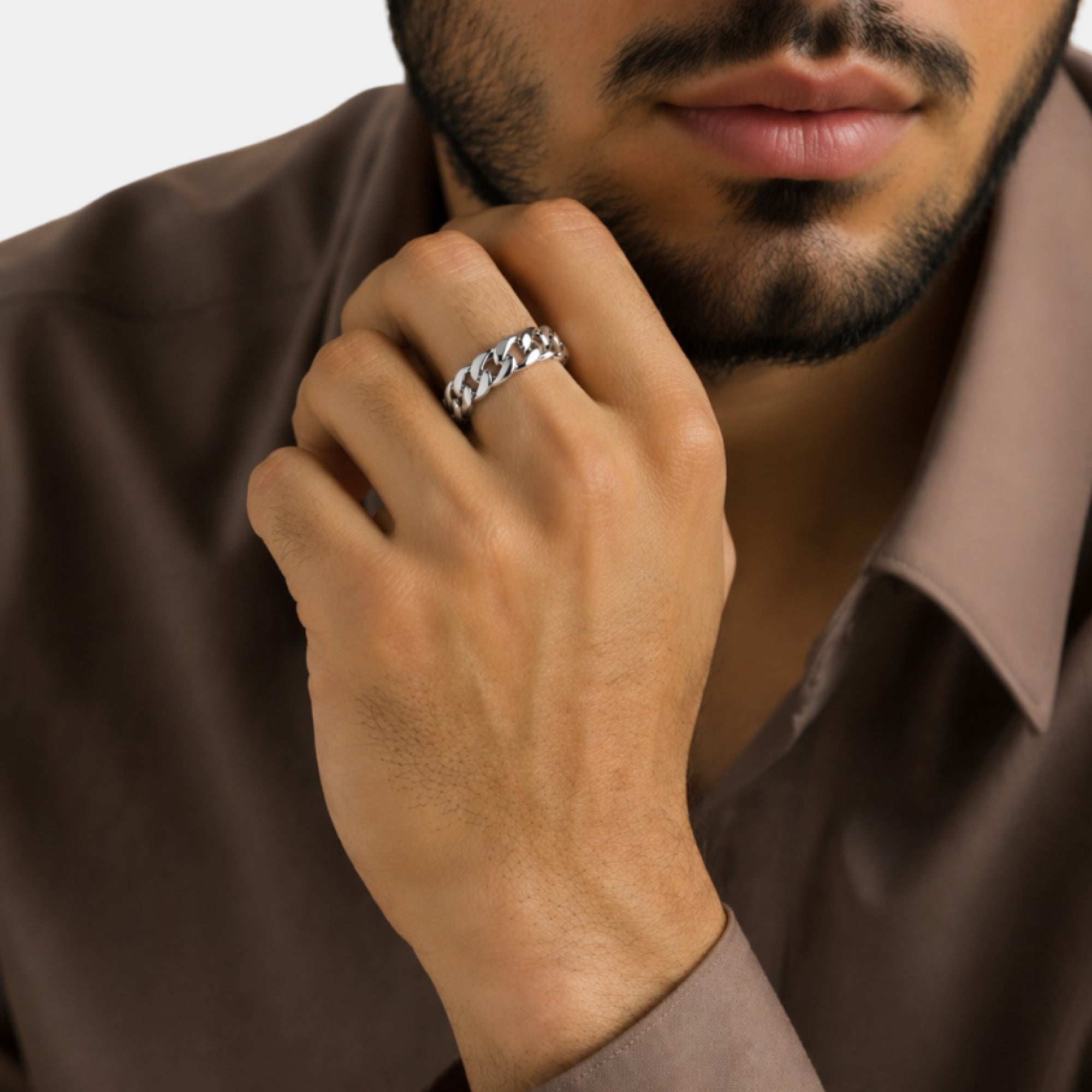 Mens silver chain link ring, top view