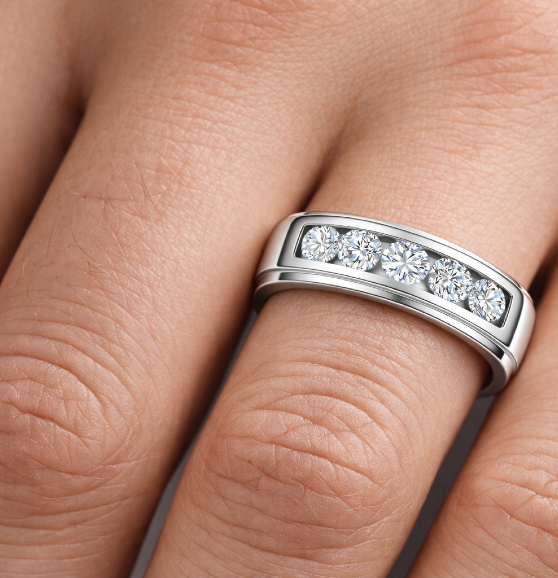 Angled view of the MH Elegance moissanite eternity wedding band sparkling in light