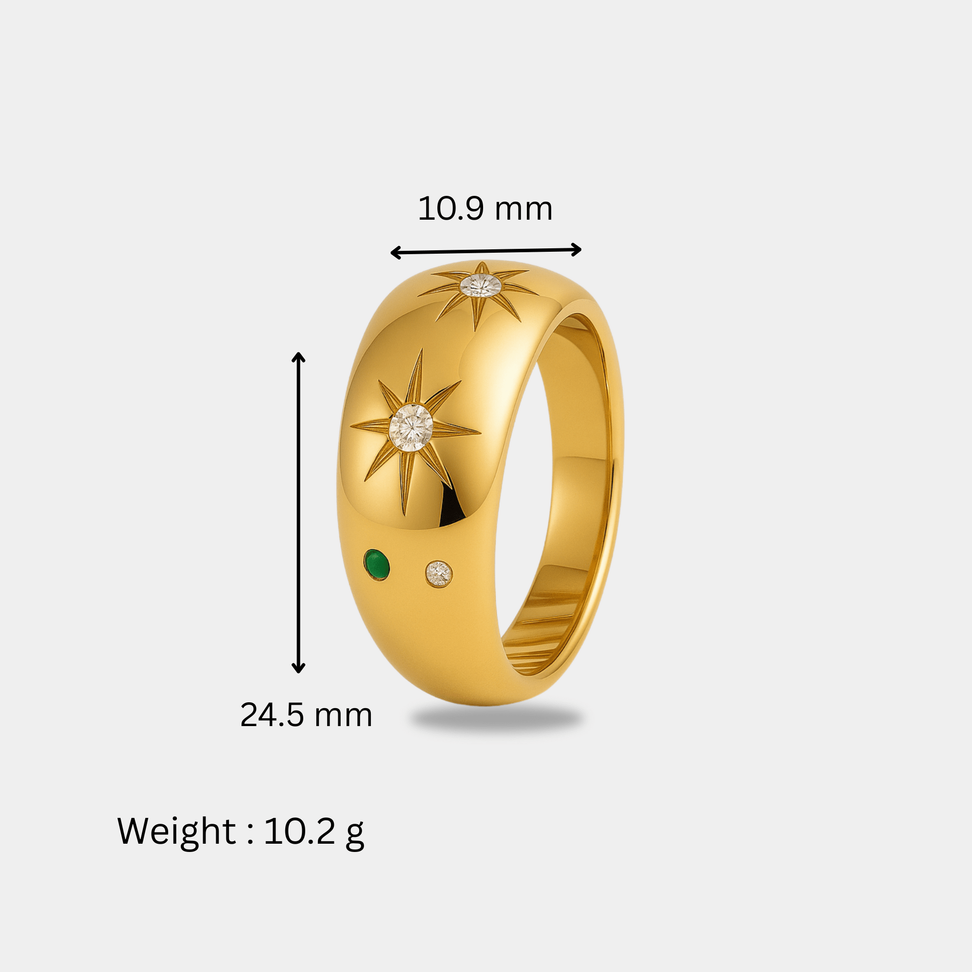 Dimension diagram for the celestial starburst ring showing 10.9mm band width, 24.5mm face length, and about 10g weight