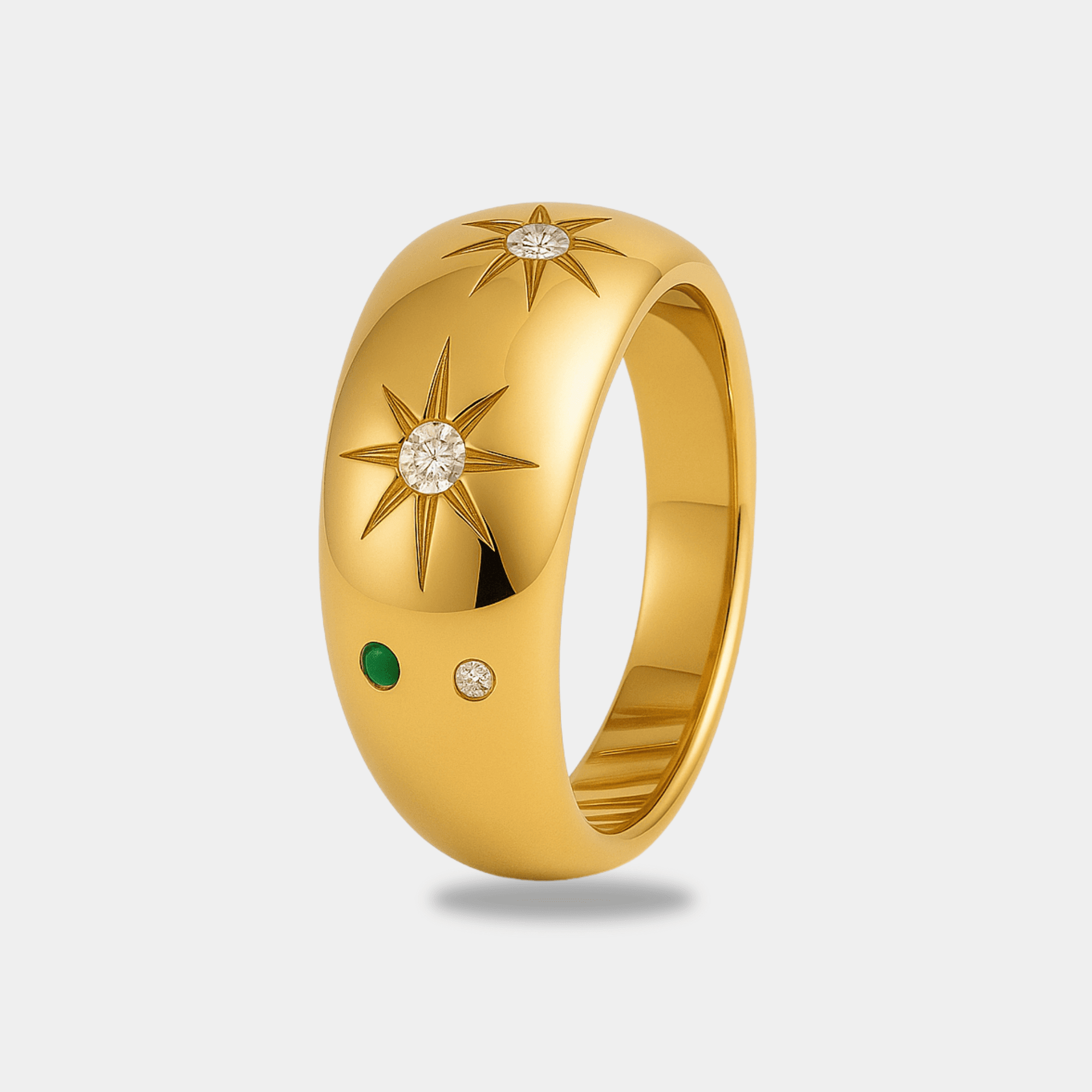 Side profile of the celestial starburst ring showing the raised star settings along the curved dome band