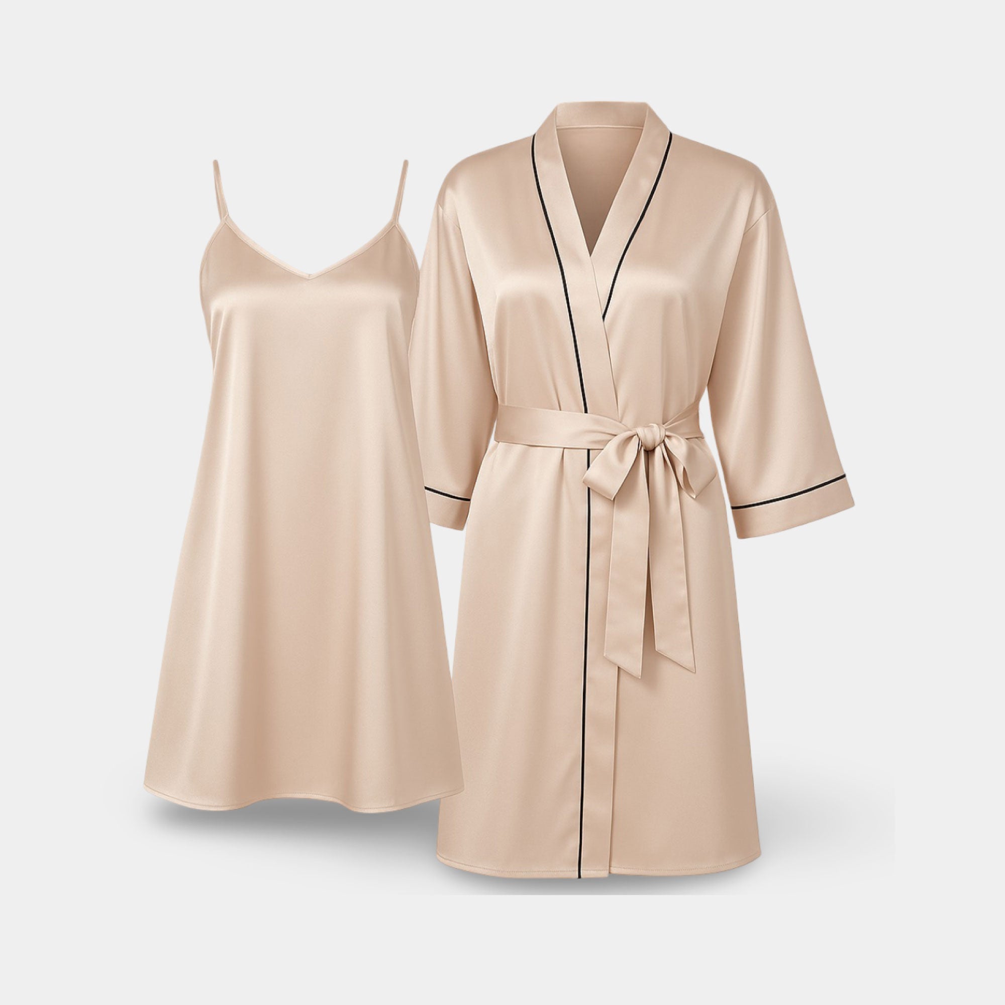 Champagne Silk Robe Set - MH ELEGANCE - Beige satin robe and nightgown set on a light gray background -