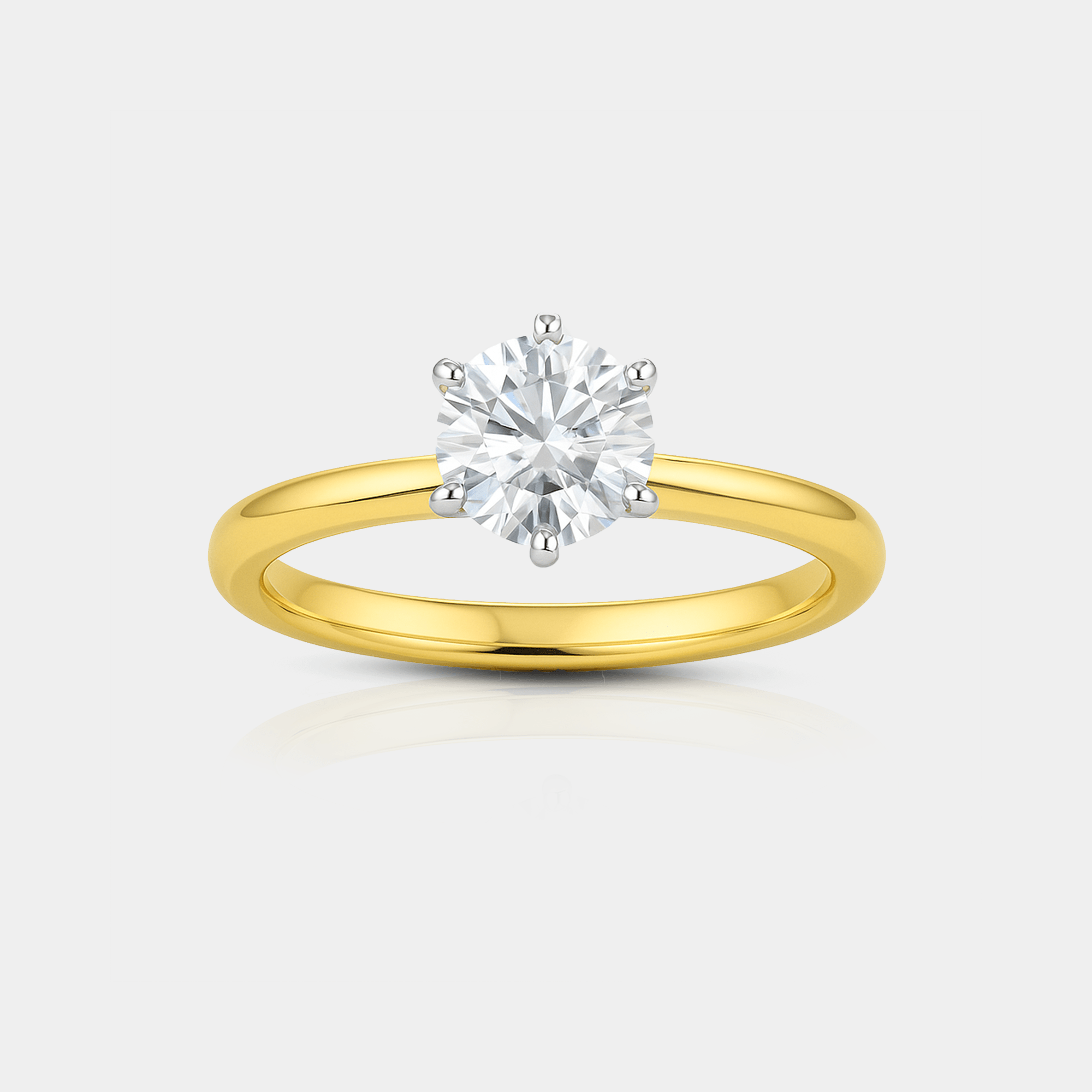 Classic Solitaire Moissanite Engagement Ring | Round Brilliant | 14K Gold - MH ELEGANCE - Classic solitaire moissanite engagement ring in 14K gold with round brilliant stone on white background -
