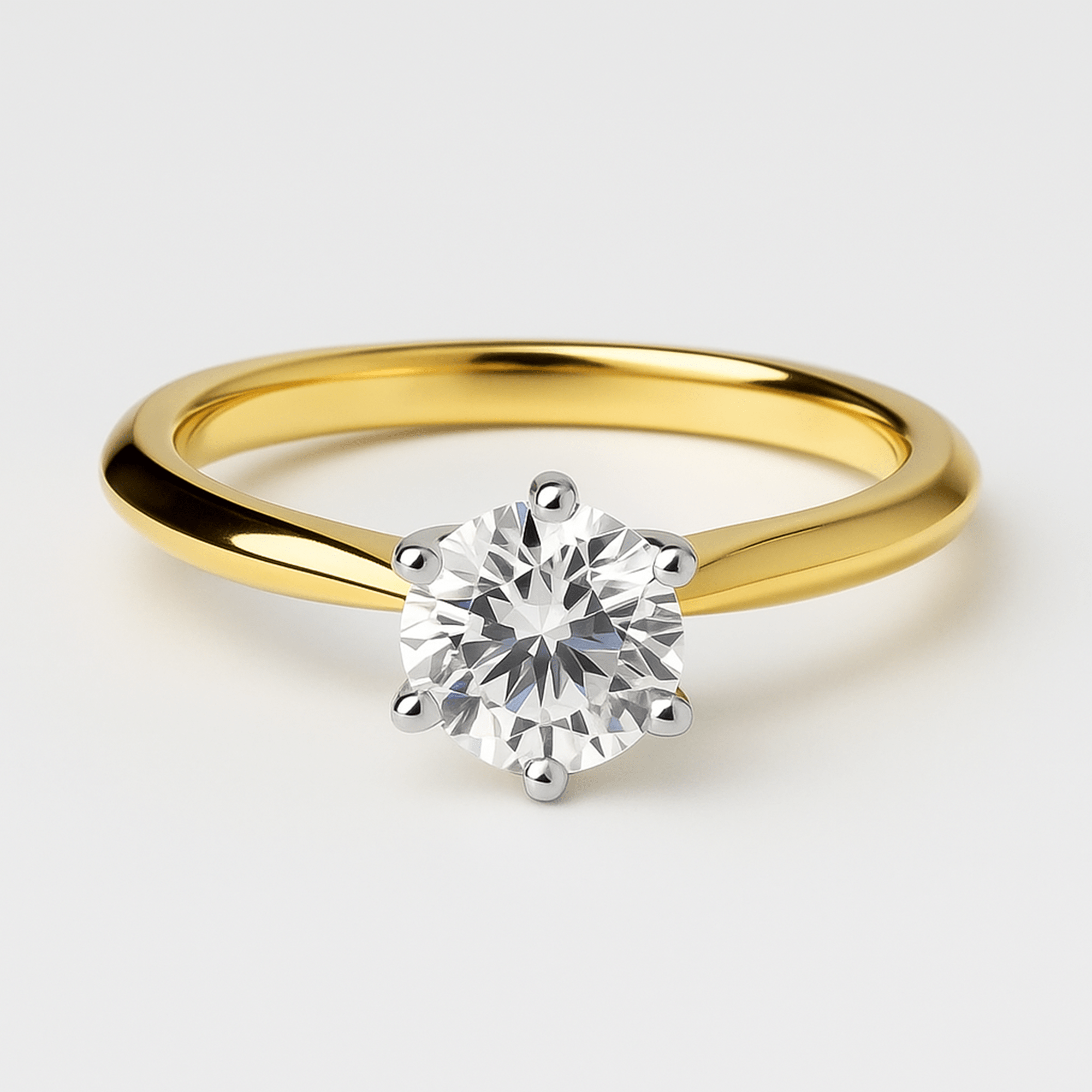 Classic Solitaire Moissanite Engagement Ring | Round Brilliant | 14K Gold - MH ELEGANCE - Side profile of round brilliant moissanite solitaire ring showing 14K gold band and prong setting detail -