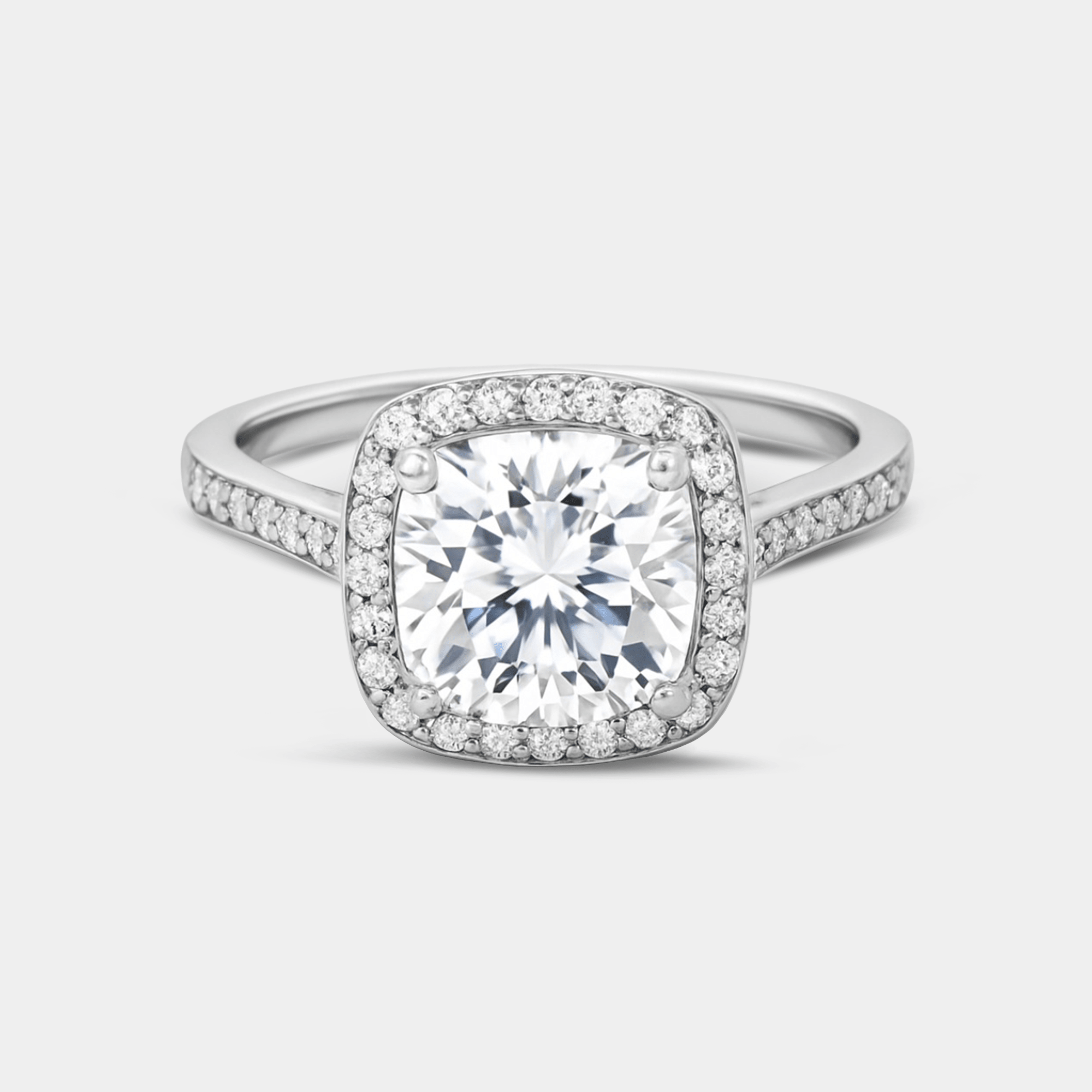 Cushion-Cut Moissanite Halo Ring | Premium Metal - MH ELEGANCE - cushion-cut moissanite halo ring detail close-up from MH Elegance luxury wedding rings collection -