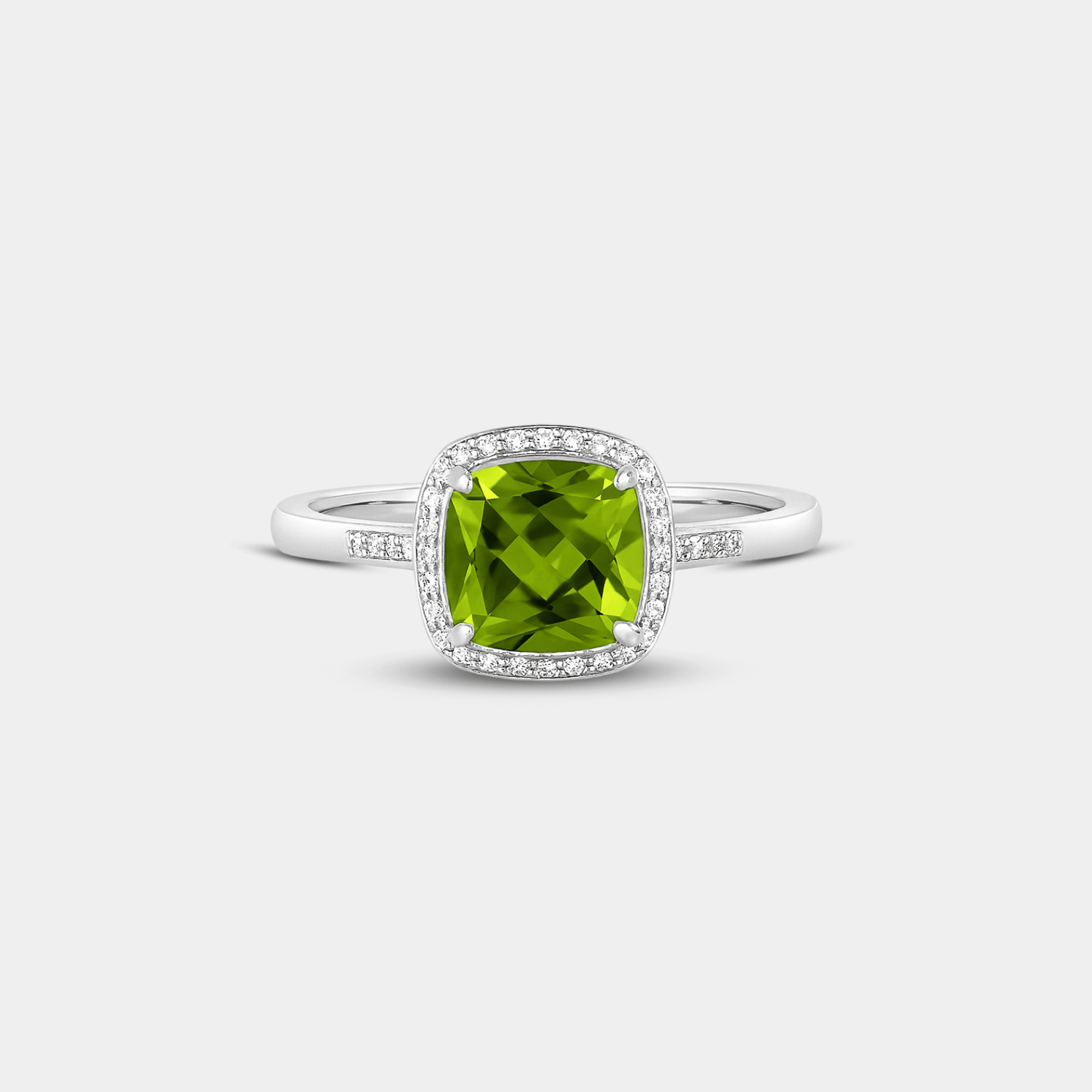Cushion-Cut Peridot & Diamond Halo Ring - MH ELEGANCE - Cushion-Cut Peridot & Diamond Halo Ring - MH ELEGANCE -