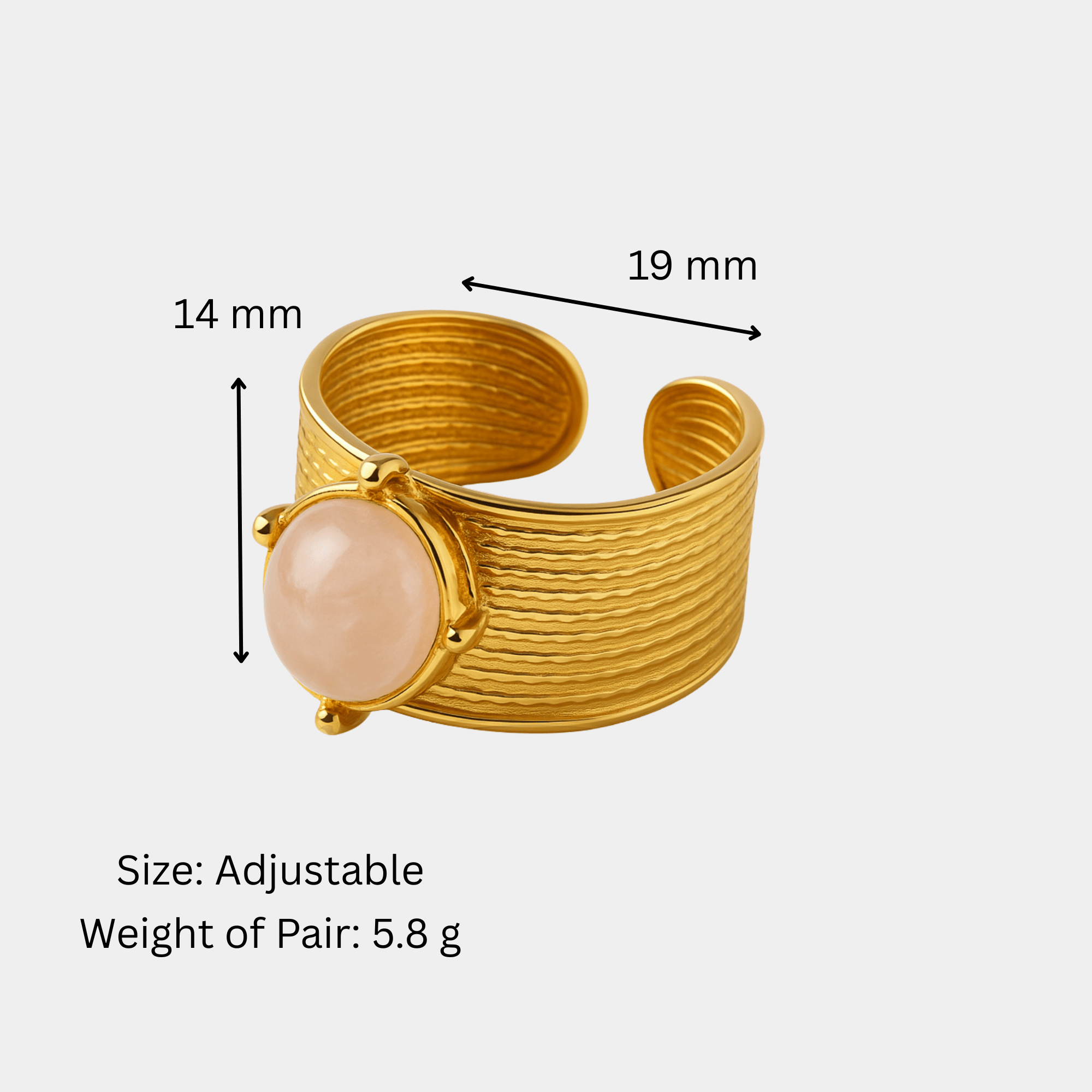 Size diagram for the dynasty gemstone cuff ring showing the 14mm by 19mm cabochon and adjustable one-size fit