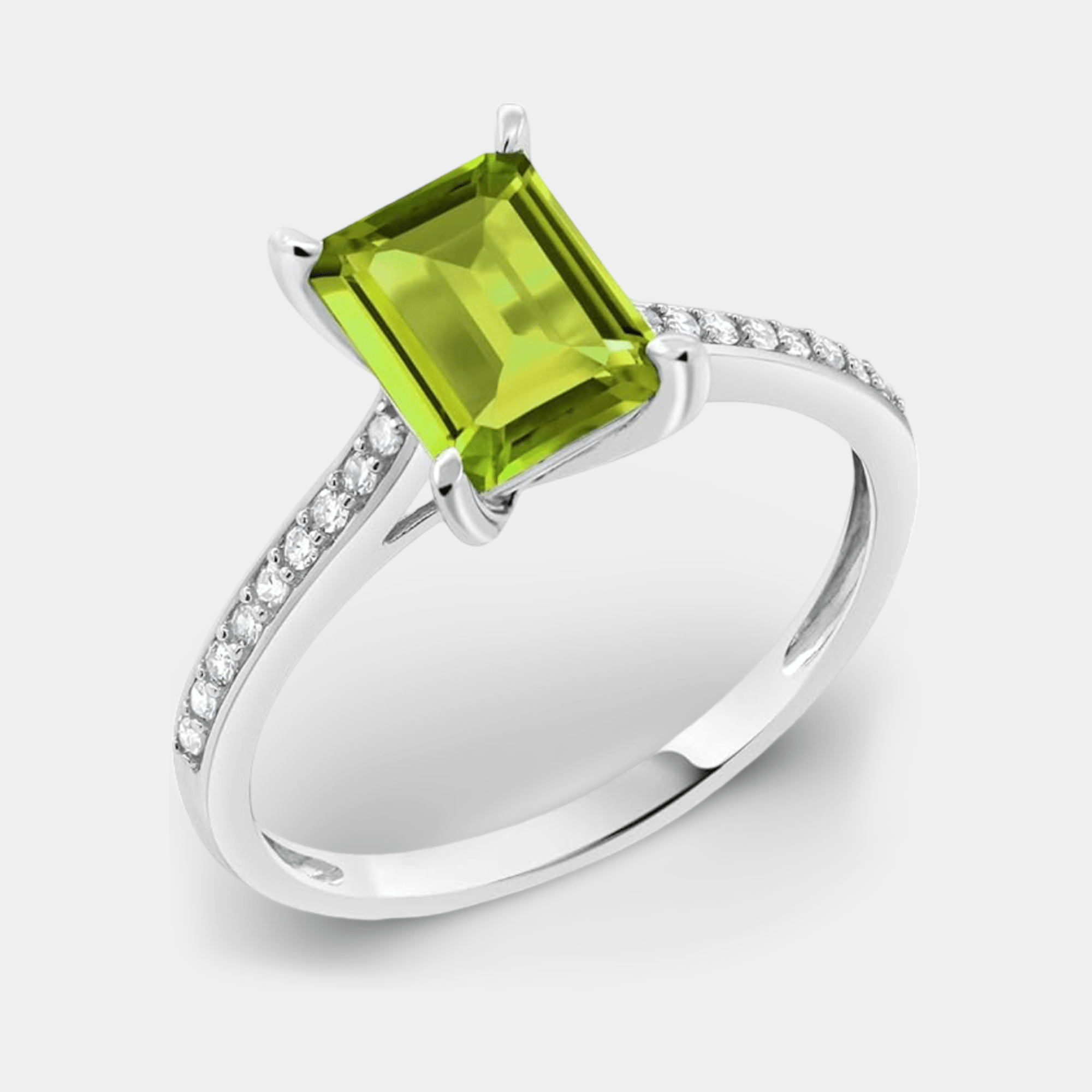 Emerald-Cut Peridot & Diamond Ring - MH ELEGANCE - Emerald-Cut Peridot & Diamond Ring - MH ELEGANCE -