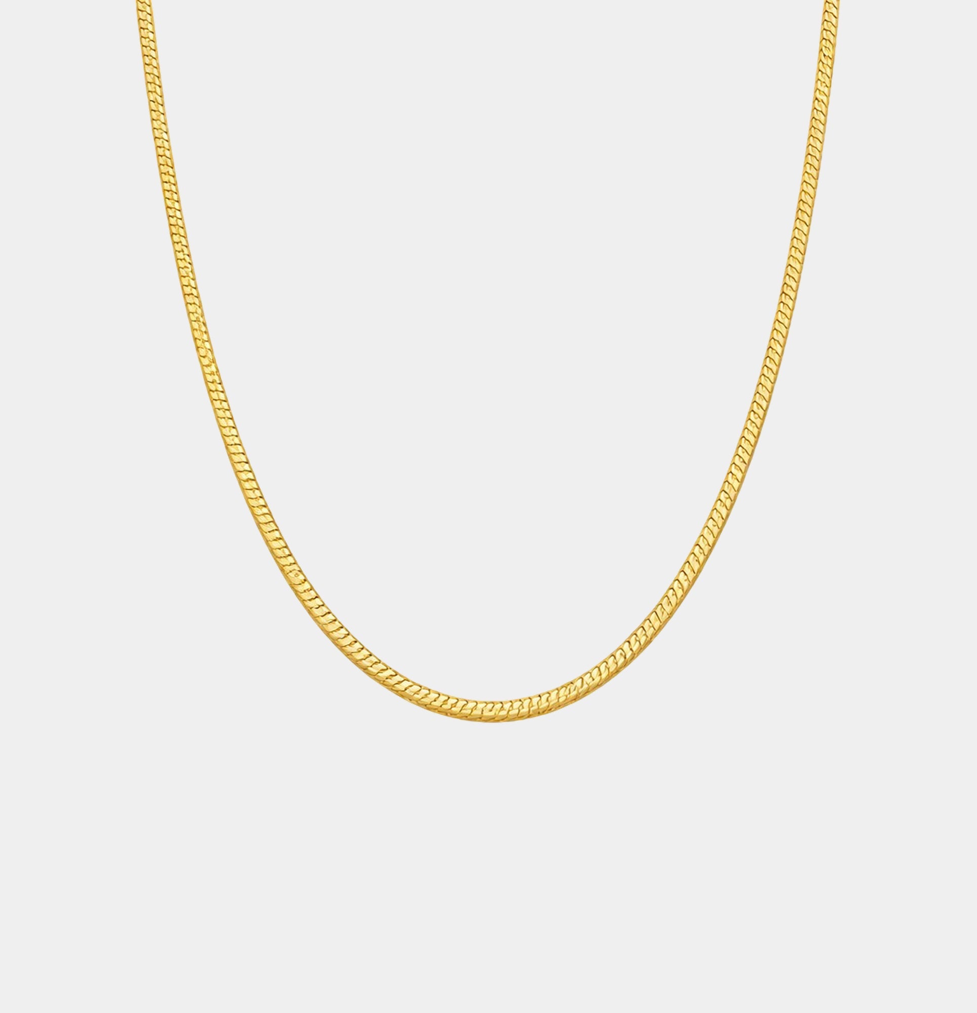 24K gold plated snake chain necklace by MH Elegance, full smooth chain laid out