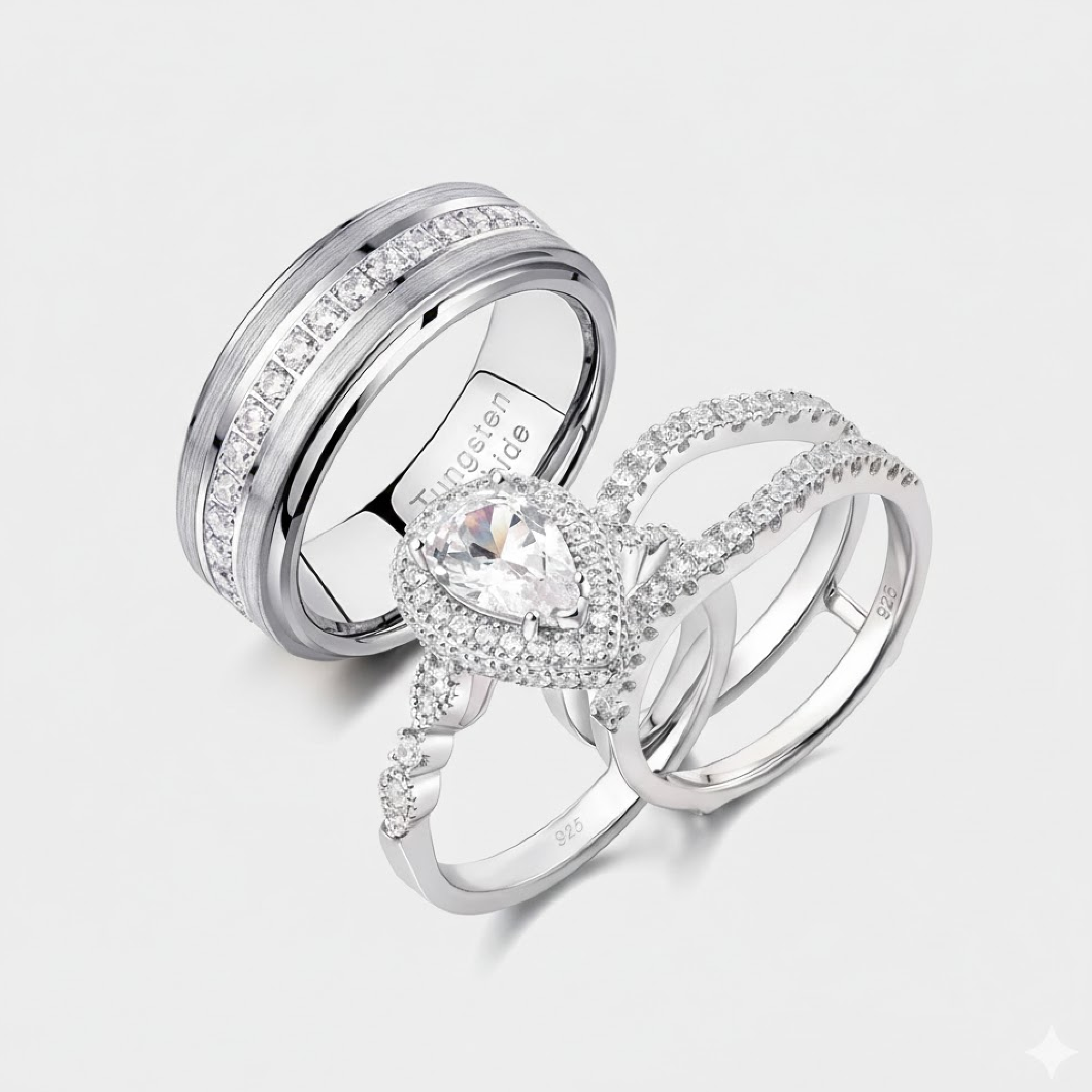 Eternal Pear CZ His & Hers Wedding Ring Set | Sterling Silver & Tungsten - MH ELEGANCE - Eternal pear CZ his and hers wedding ring set in sterling silver and tungsten from MH Elegance - Ring