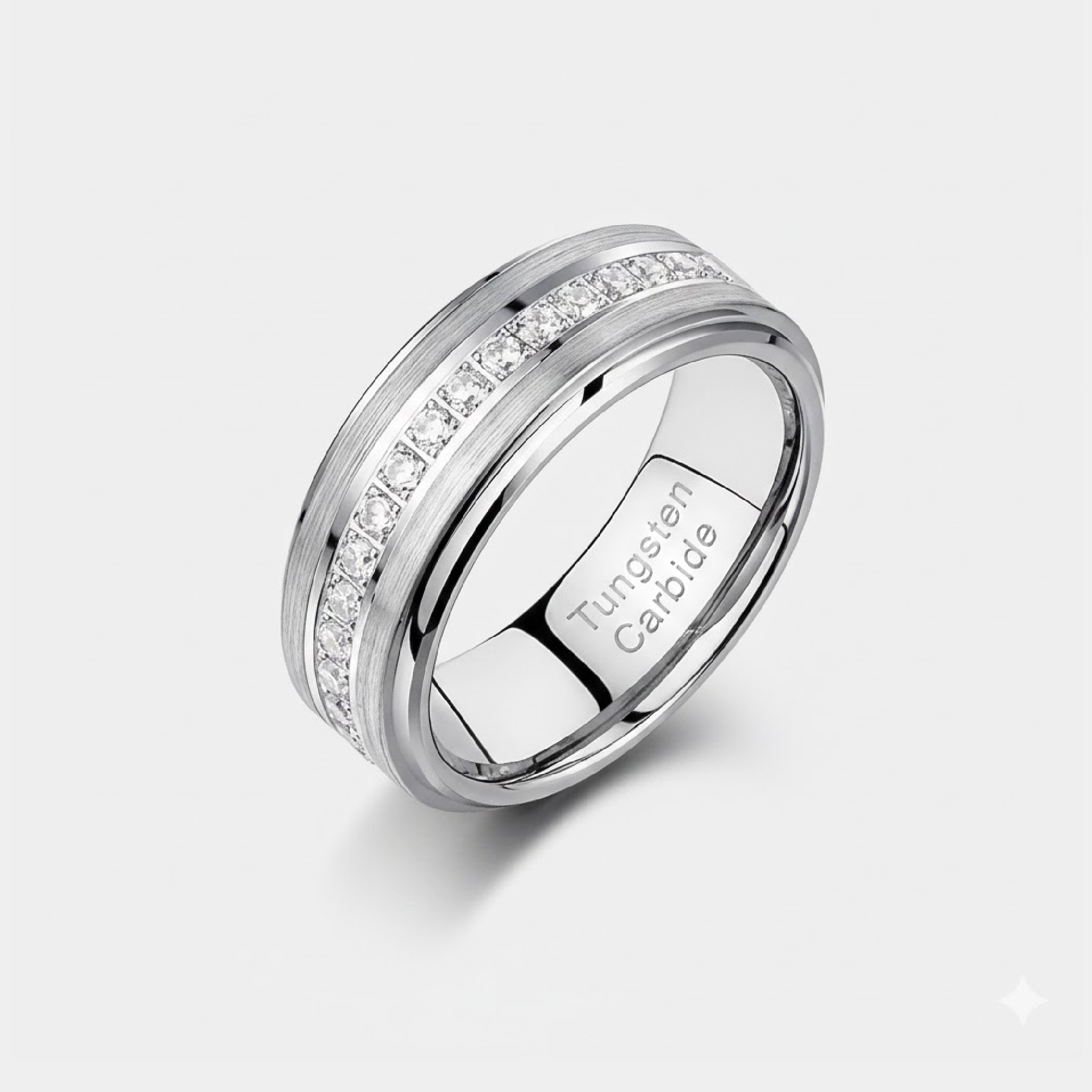 Sterling silver and tungsten his and hers ring set displayed on a jewelry stand