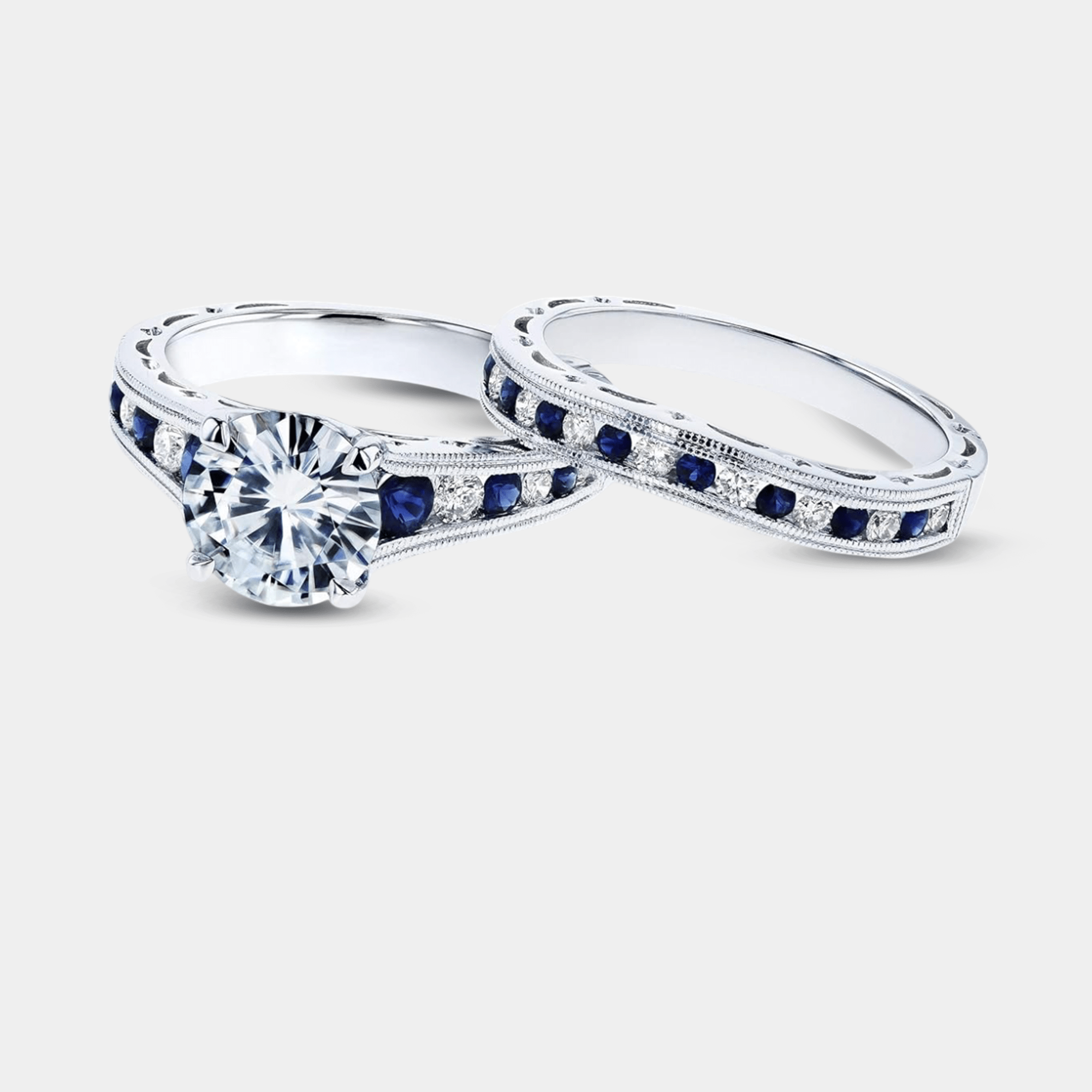 Forever One Moissanite & Sapphire Bridal Set - MH ELEGANCE - Forever One Moissanite & Sapphire Bridal Set - MH ELEGANCE -