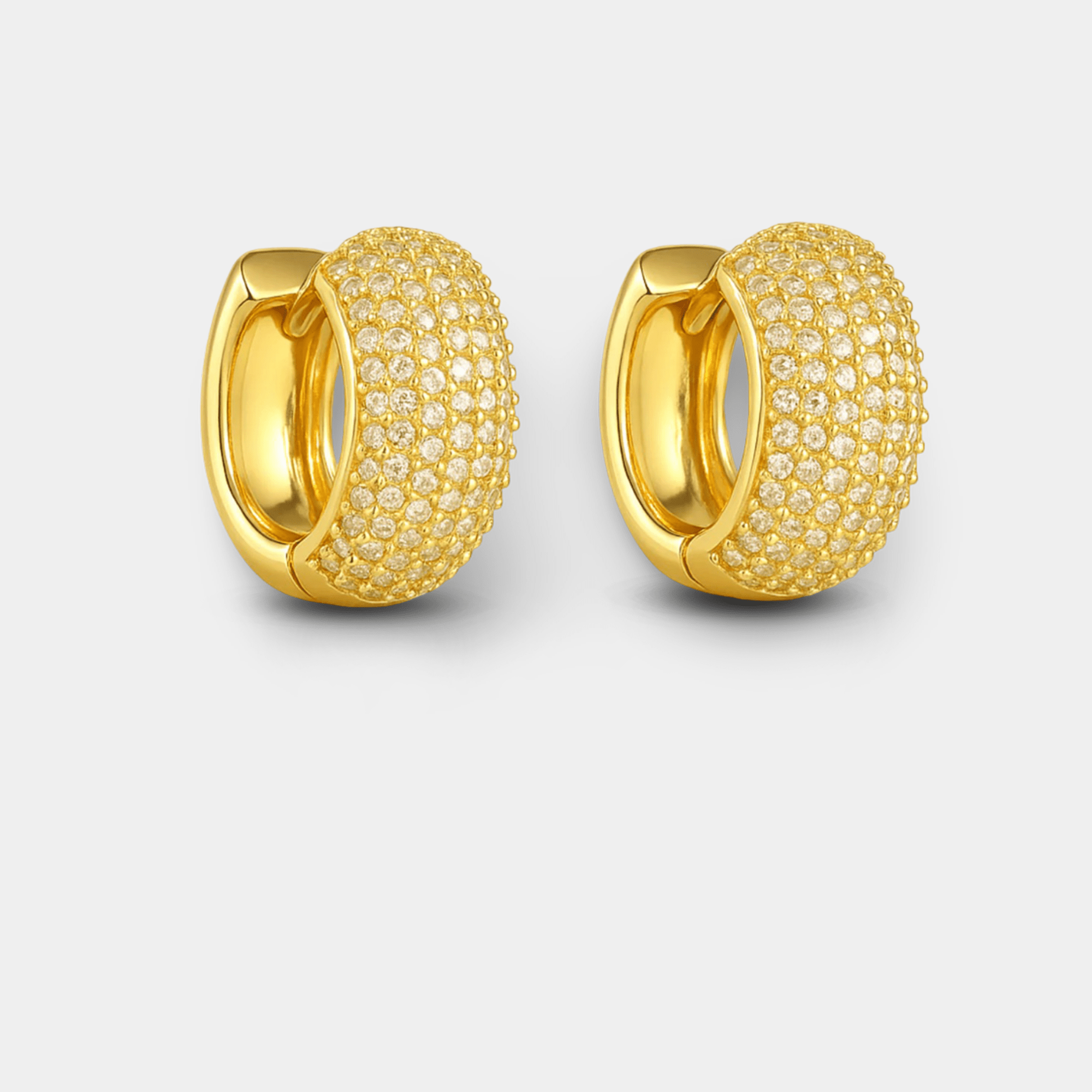 GlamBrick gold huggie hoop earrings pair, front view, pavé cubic zirconia brick pattern on 18K gold plating