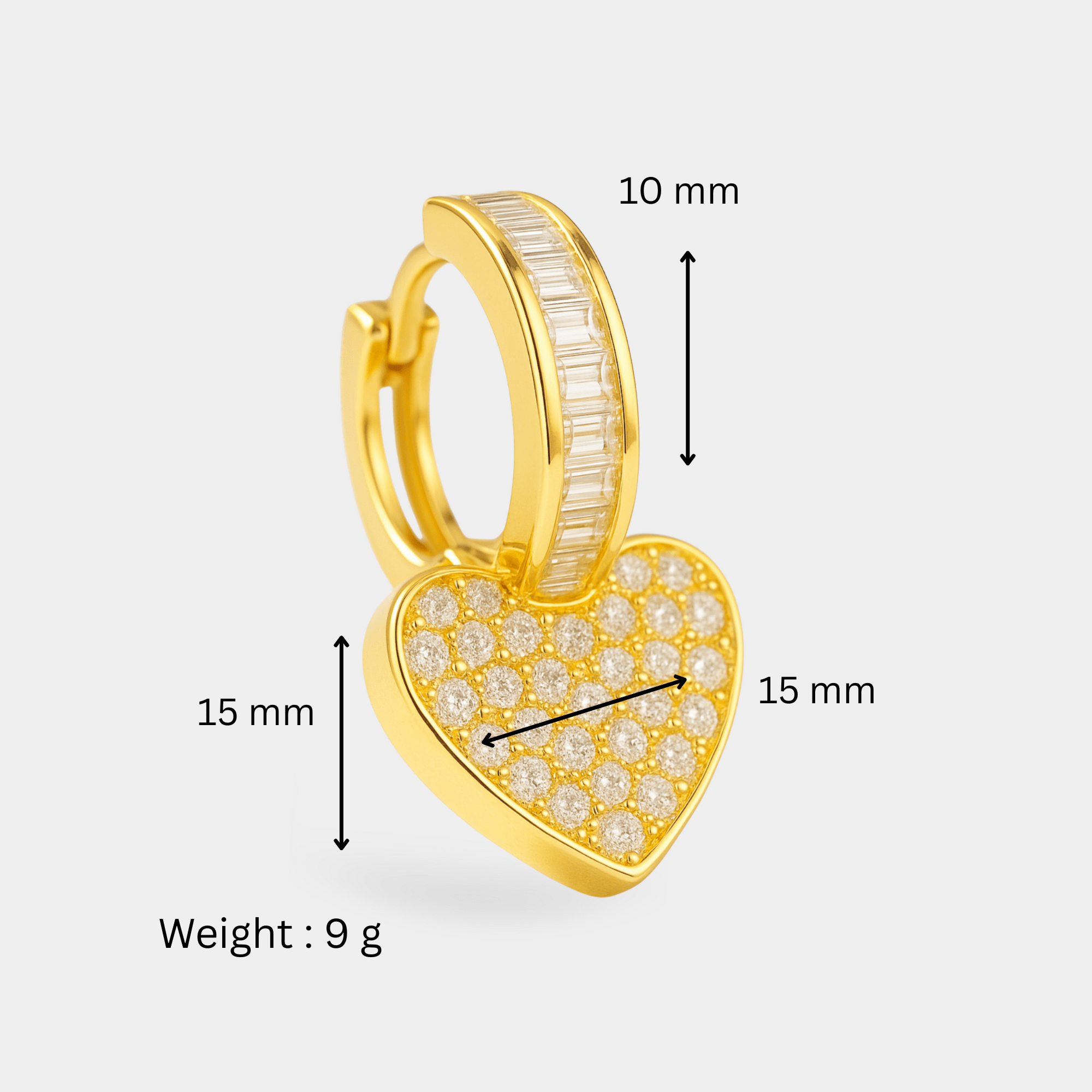 Gold heart stud earrings shown in an MH Elegance gift box.
