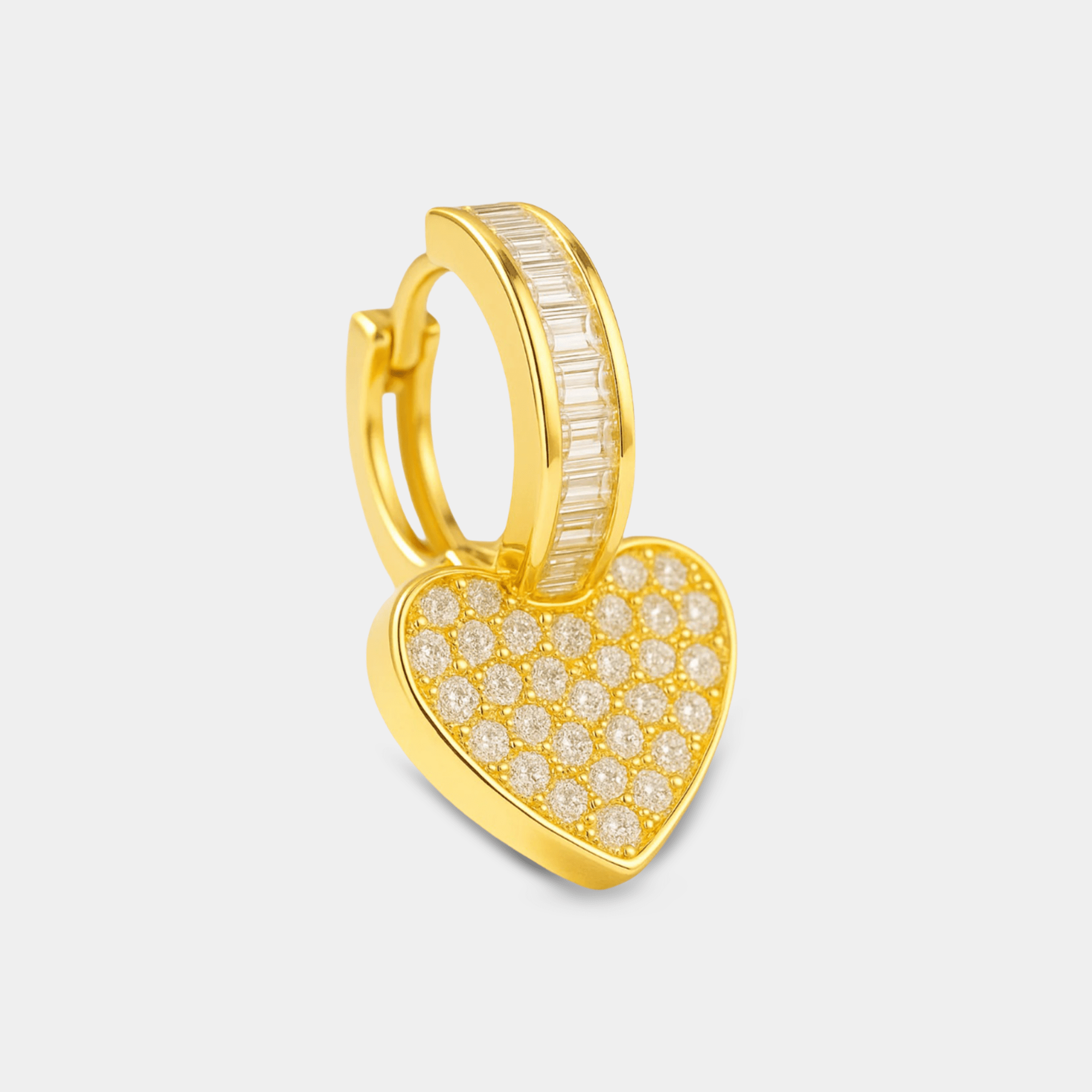 Pair of gold heart stud earrings shown side by side.