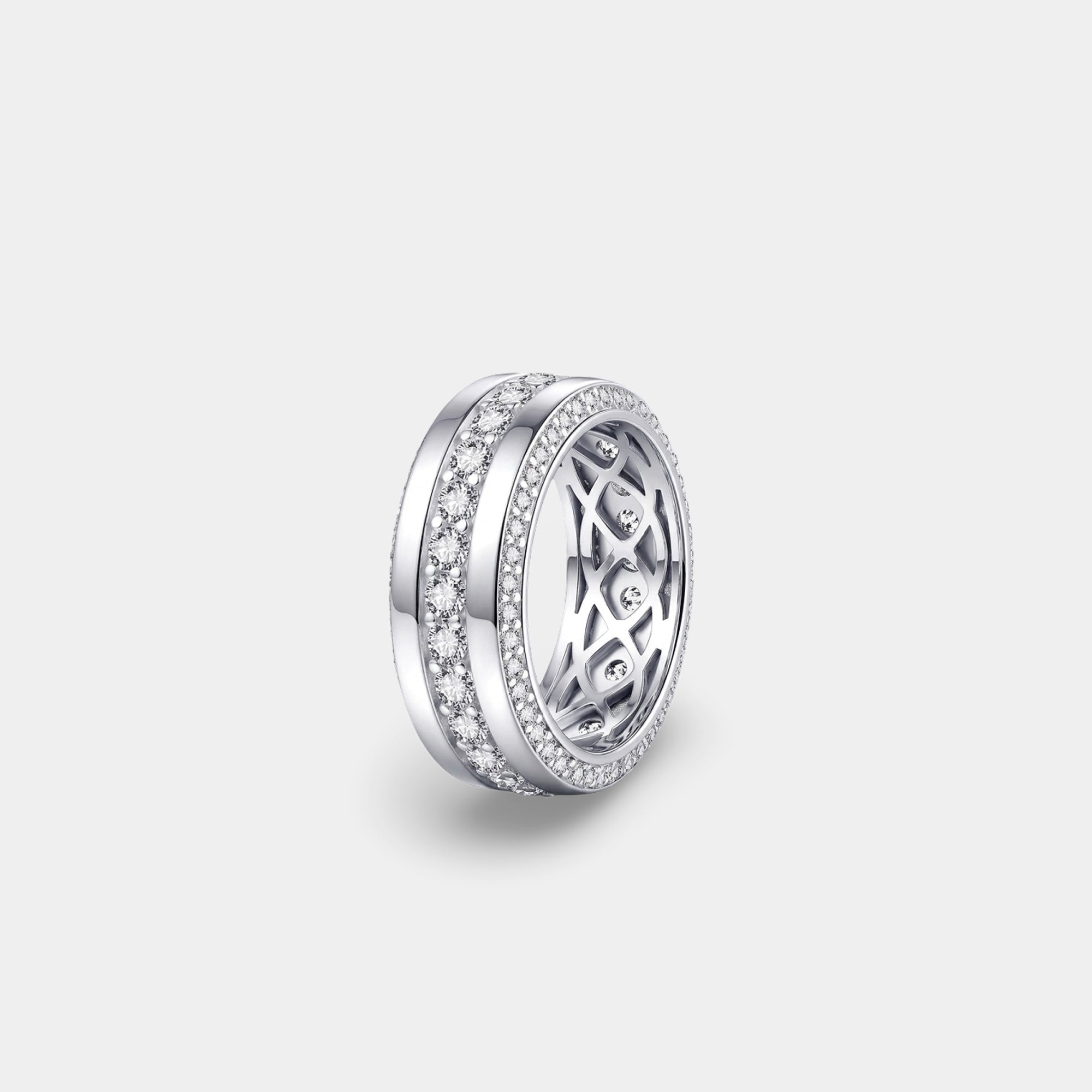 White gold men's CZ wedding band, top view of the full ring