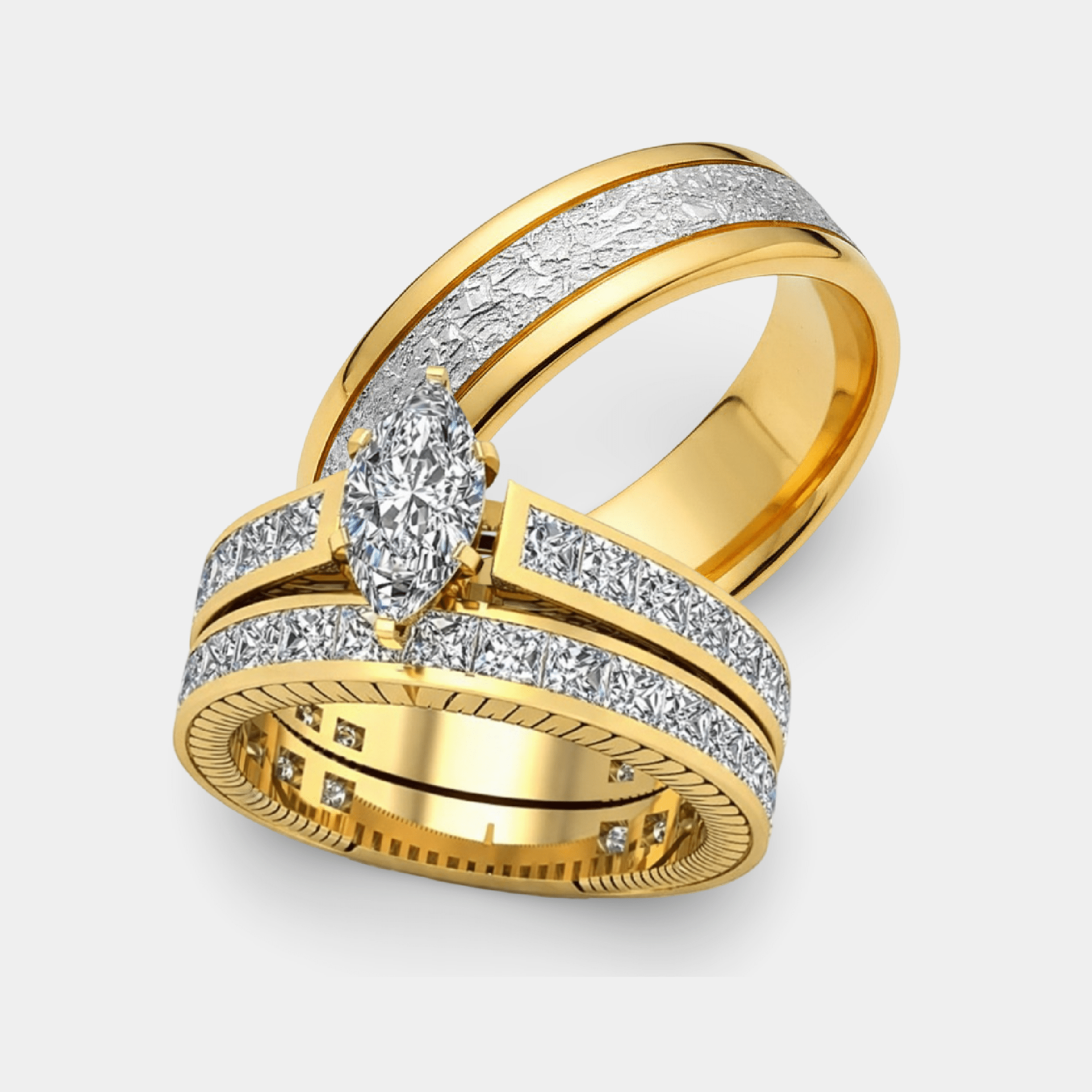 Gold & Titanium His & Hers Wedding Ring Set | Durable Matching Couple Rings - MH ELEGANCE - Gold and titanium his and hers matching couple wedding ring set gift display - Ring