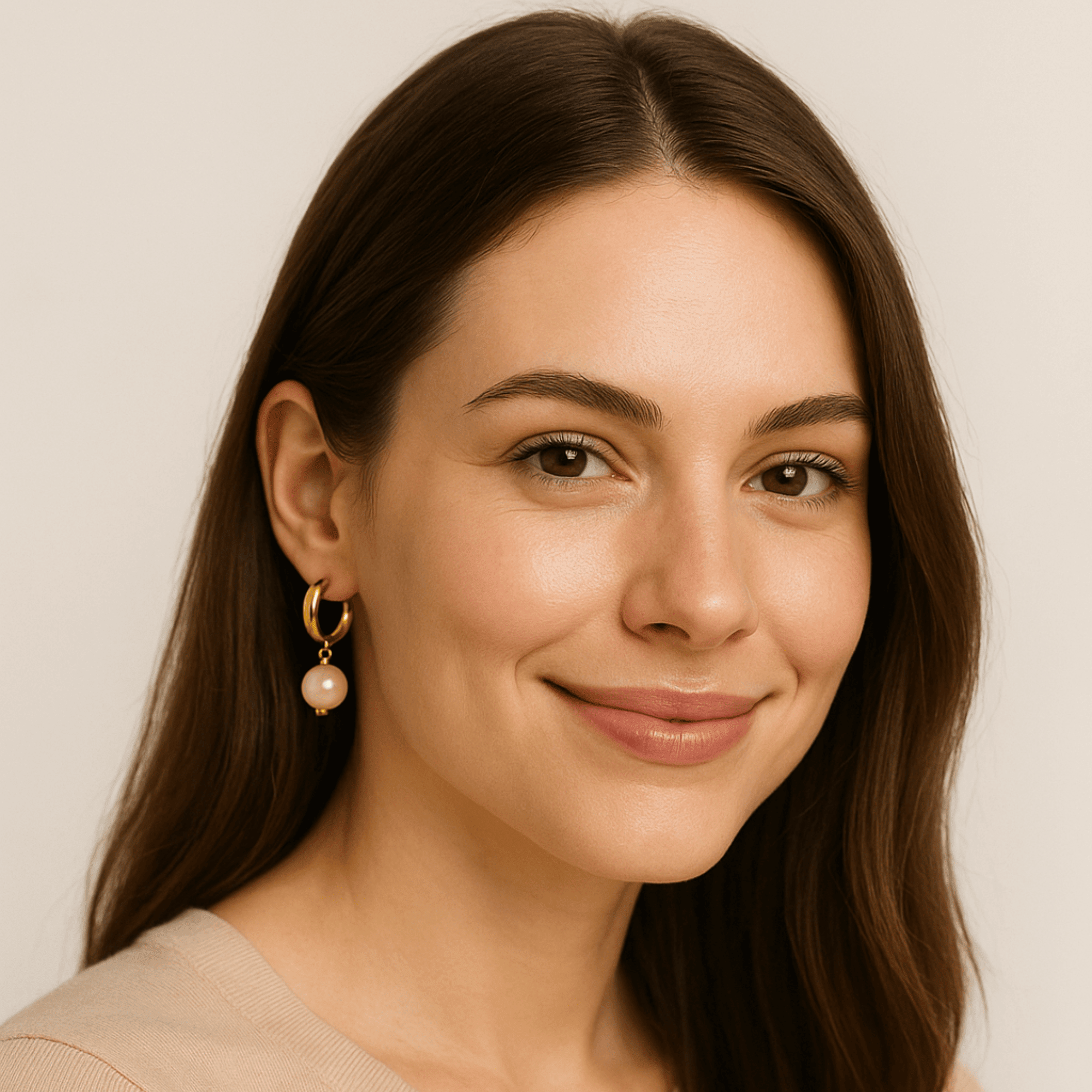 Goldie Pearl freshwater pearl gold hoop earring worn on the ear for everyday elegant styling