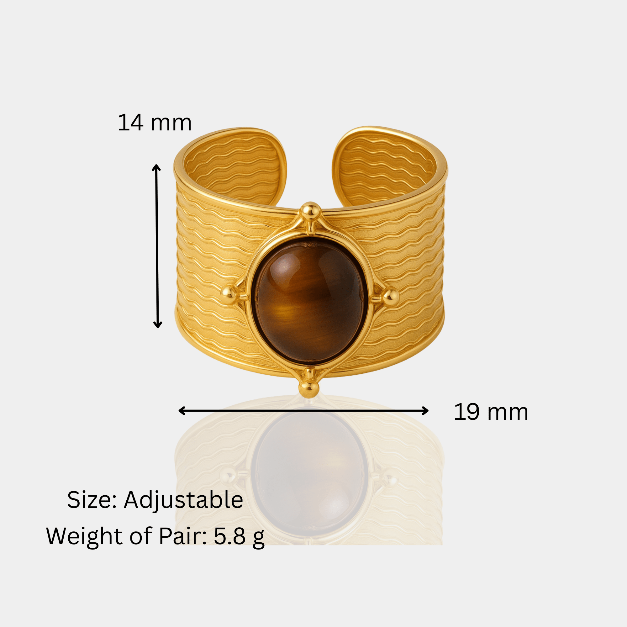 Size chart for the heritage tiger's eye cuff ring showing a 19mm by 14mm face on an adjustable band