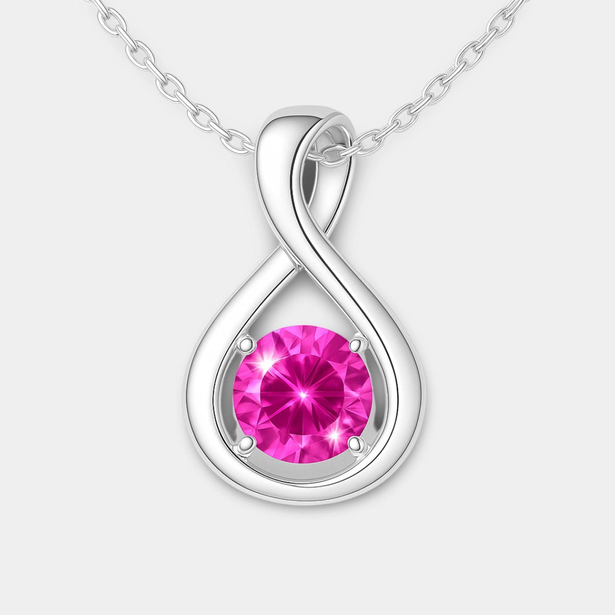 Pink tourmaline infinity necklace shown with its sterling silver cable chain and lobster clasp.