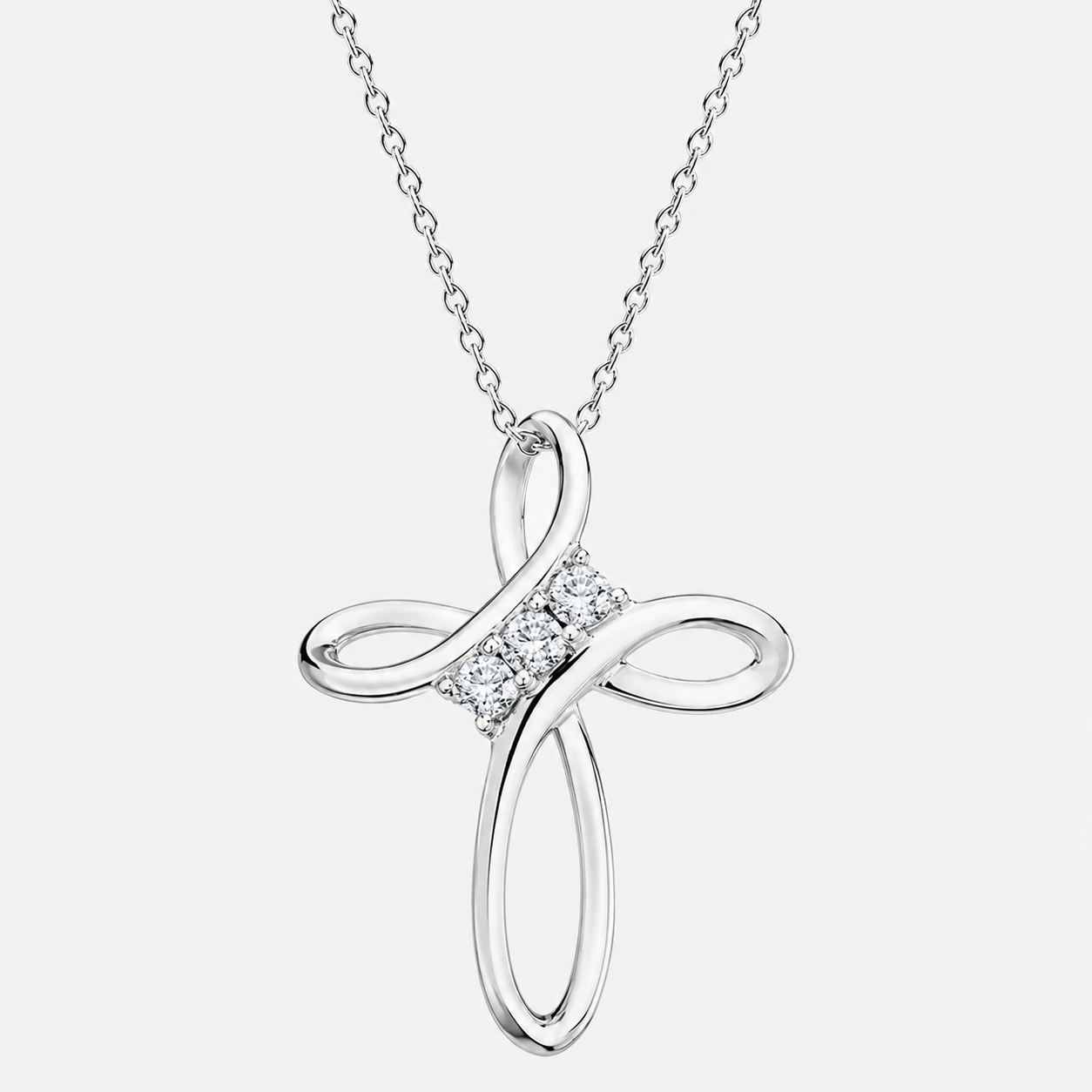 Moissanite infinity cross necklace in 14K white gold plated sterling silver