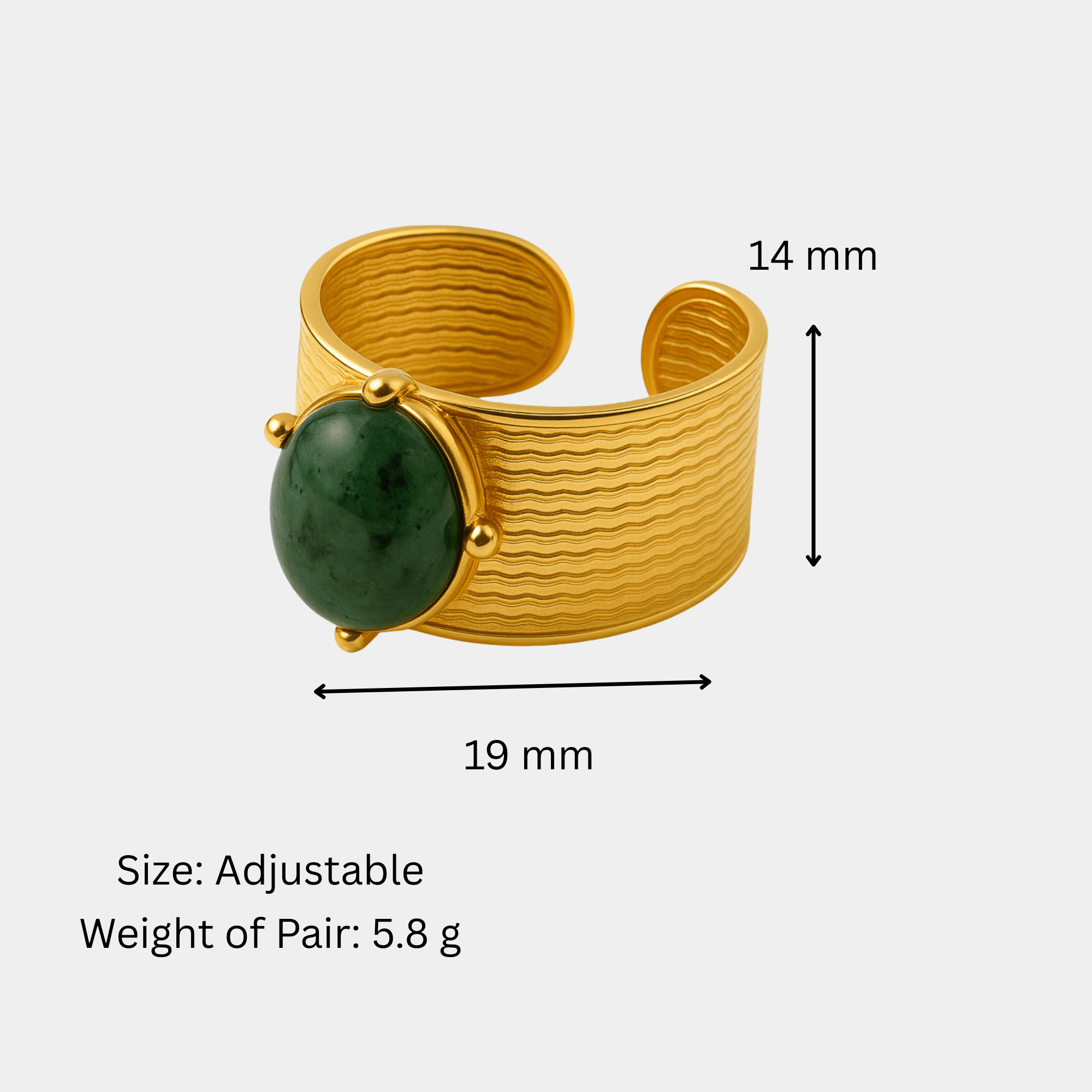 Size chart for the jade cuff ring showing 19mm width, 14mm band height, and adjustable sizing