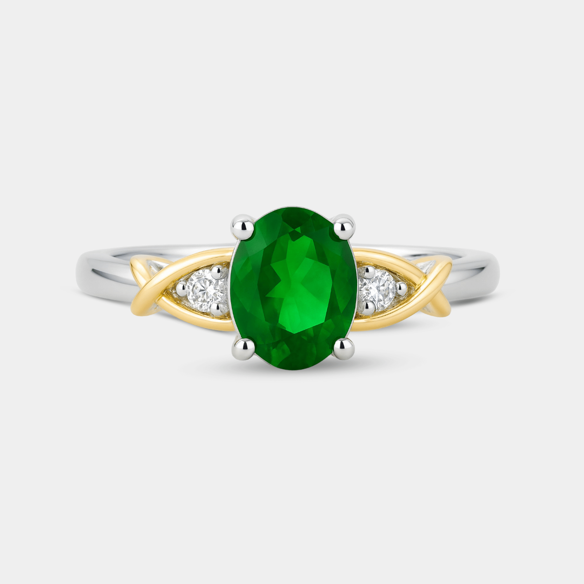 May birthstone nano emerald crossover ring in two-tone gold and silver, side profile view
