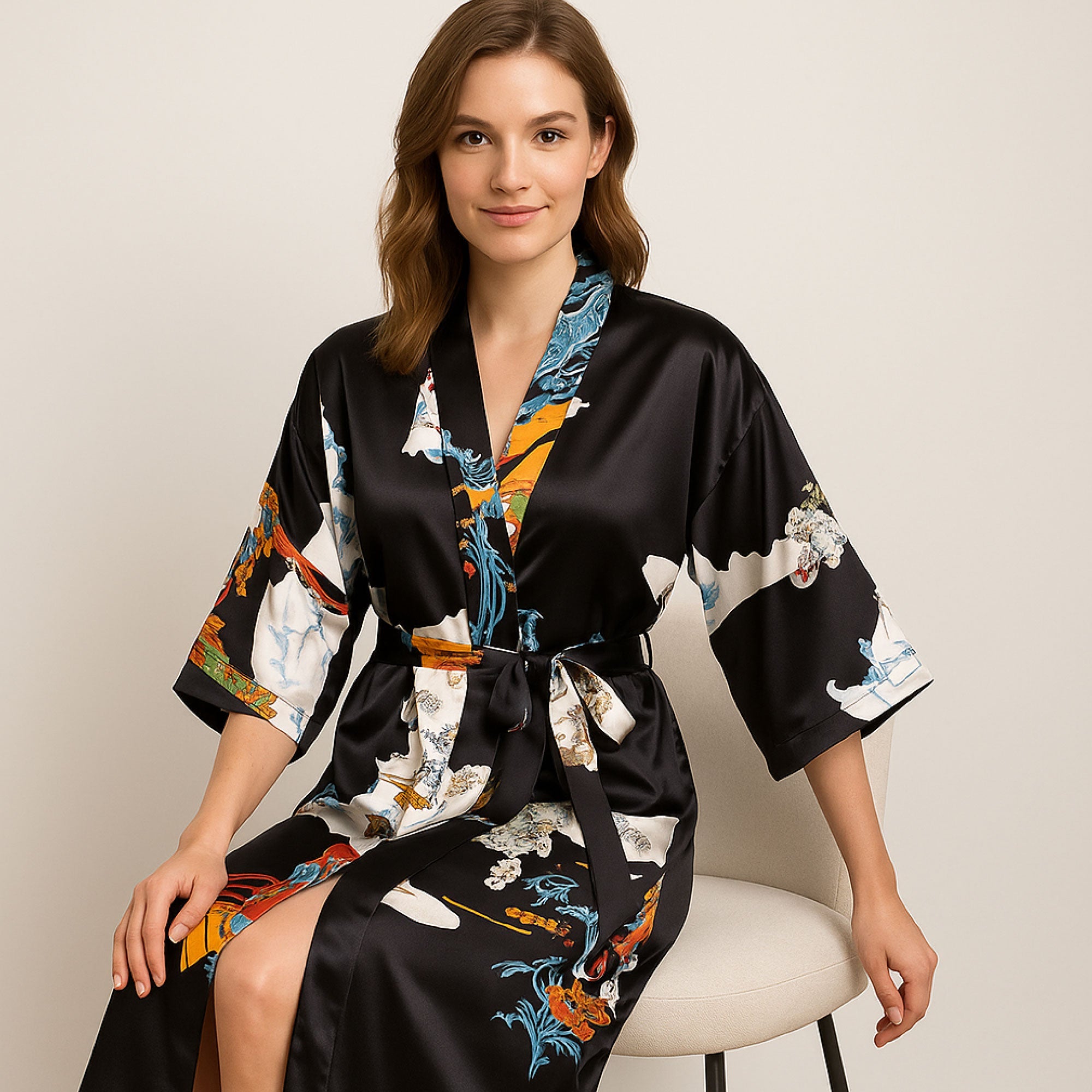 Long Satin Kimono Robe - MH ELEGANCE - Long Satin Kimono Robe -