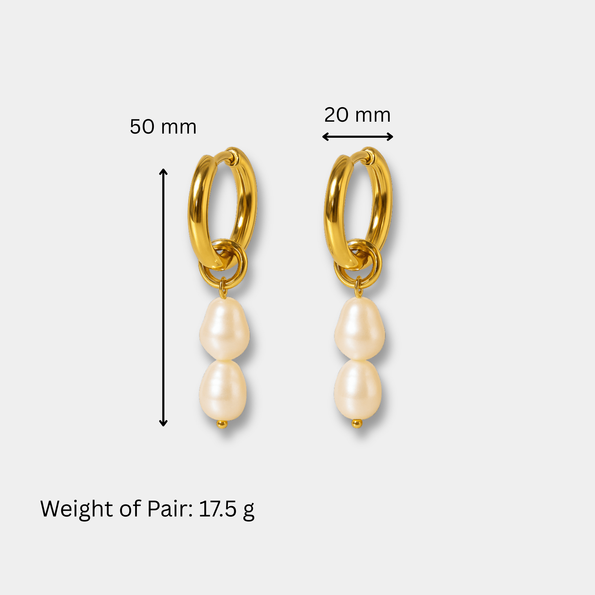Size chart for double pearl hoop earrings listing 20mm hoop diameter, 50mm total drop, and 17.5g weight per pair