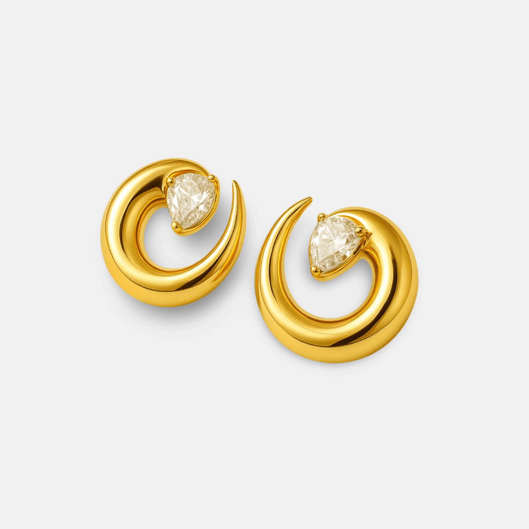 Water droplet spiral design of Luna gold stud earrings showing sparkling rhinestone inlay – MH Elegance