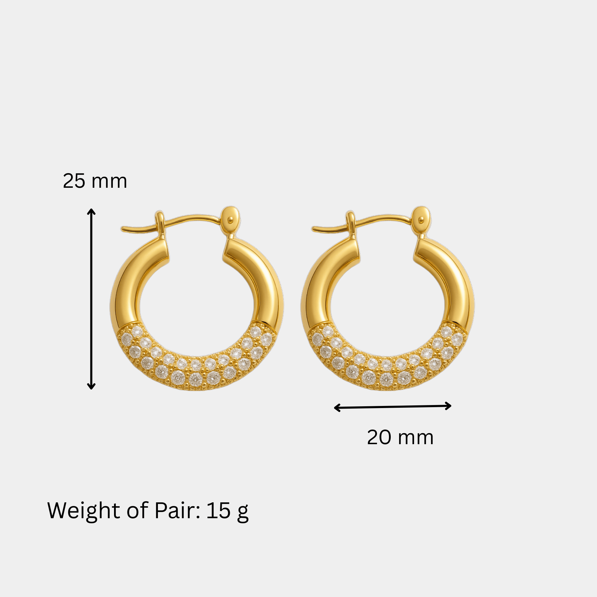 Size chart for Lustre Luxe hoop earrings showing 25mm length, 20mm width, and 15g pair weight