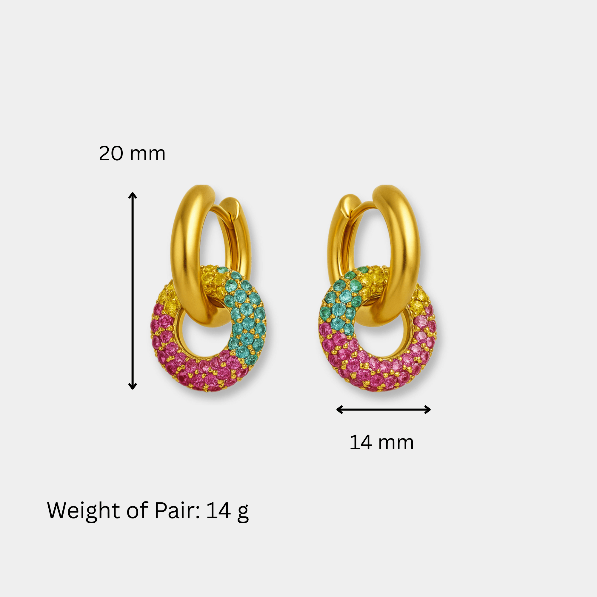 Rainbow zircon hoop earrings size guide, 20mm length by 14mm width, 14 grams per pair
