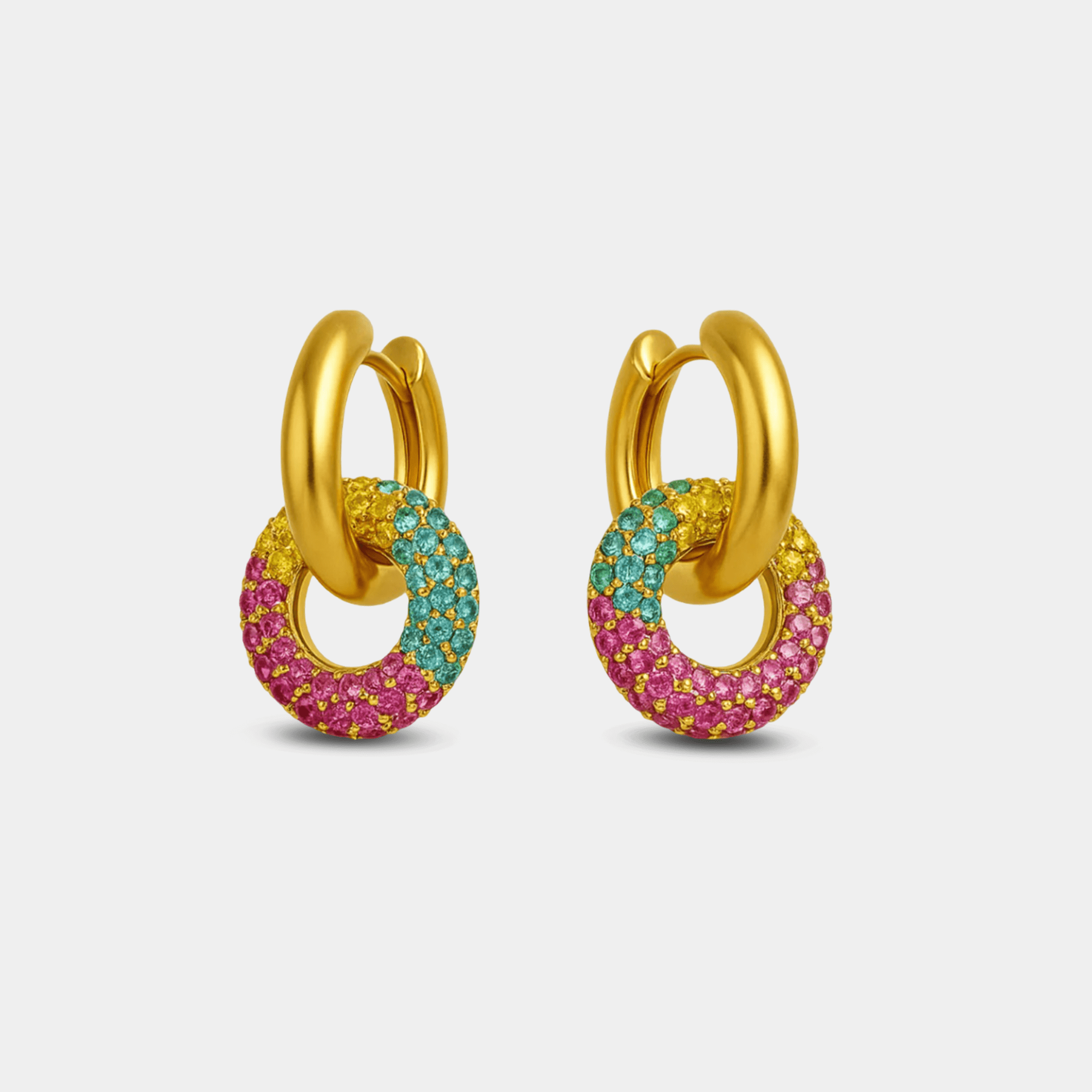 Rainbow pavé zircon gold hoop earrings pair, front view, pink turquoise and yellow CZ donut charms on 18K gold plated huggies