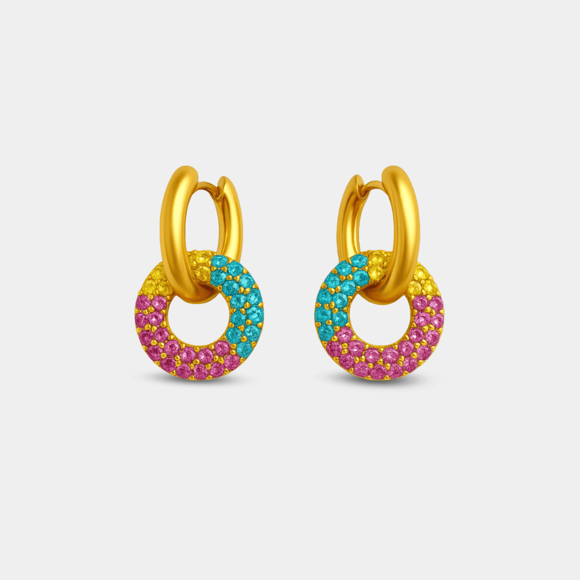 Both rainbow zircon huggie hoop earrings showing gold plated hoops and multicolor pavé donut charm detail
