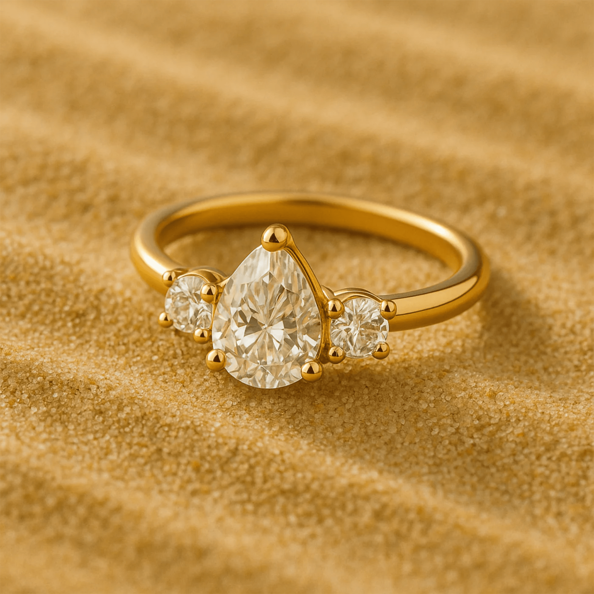 Macro shot of the majestic pear zircon ring resting on golden sand, highlighting the CZ center stone