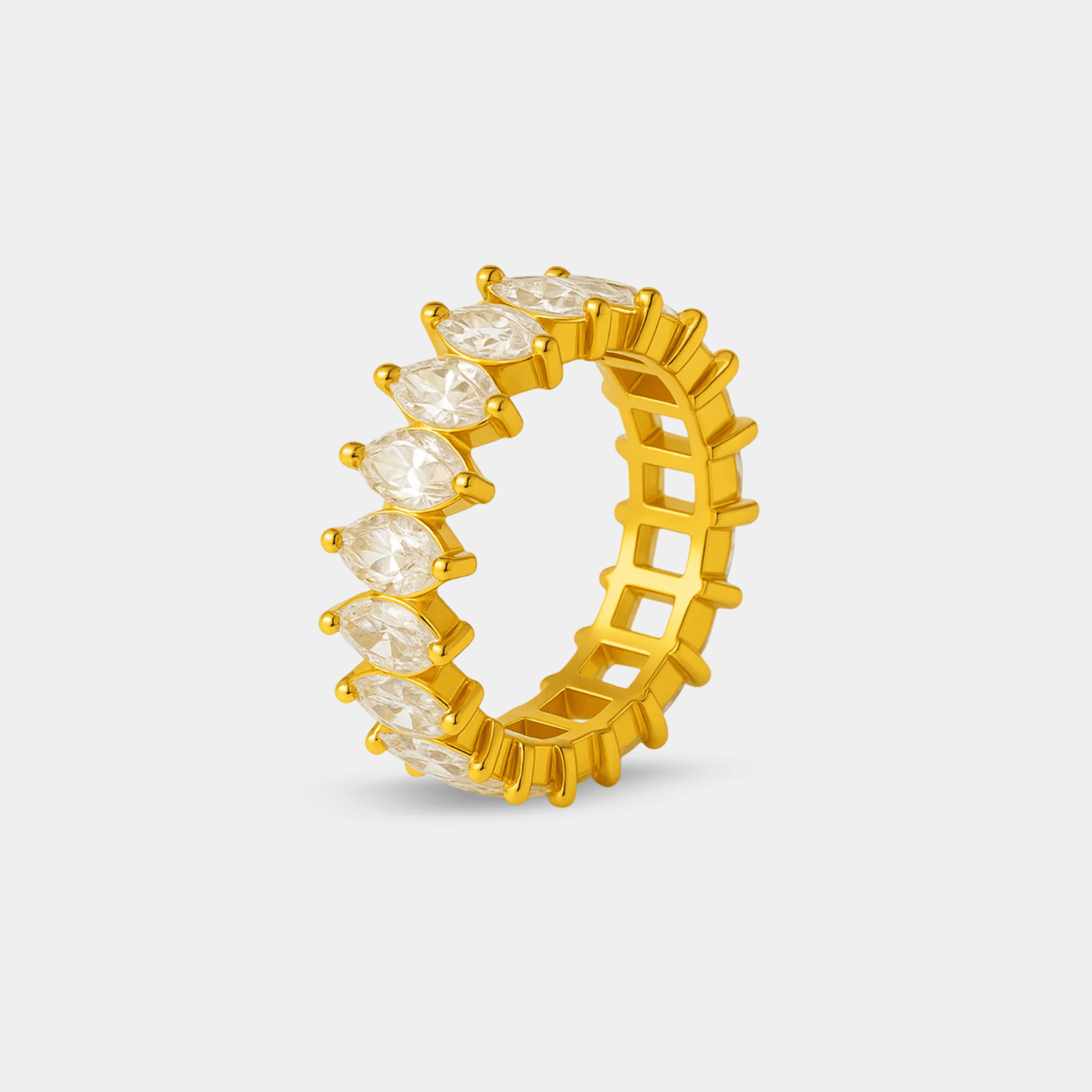 Marquise cut zircon ring in waterproof gold PVD stainless steel, front view showing geometric inlay and diamond-alternative sparkle