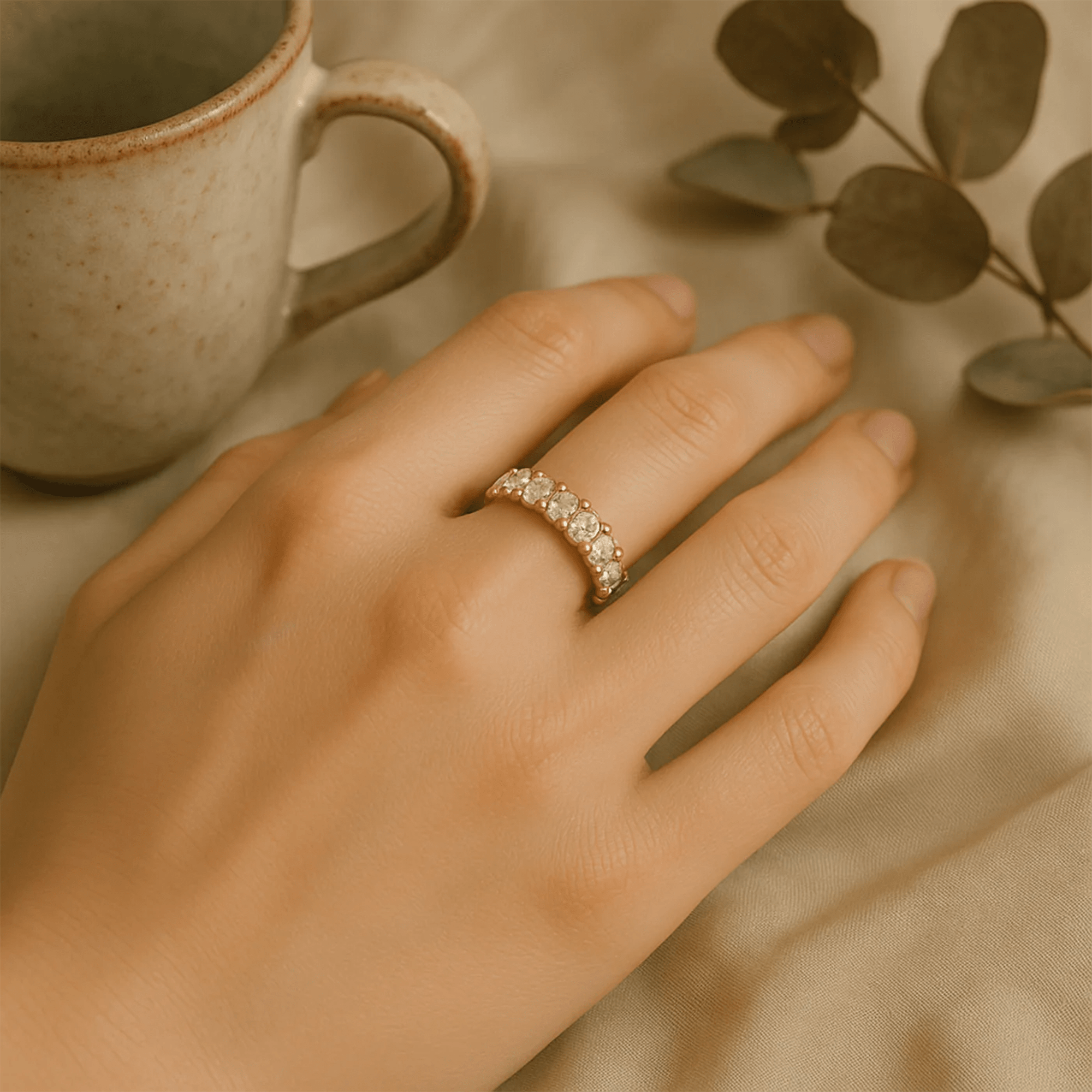 Angled view of marquise zircon ring showing waterproof non-tarnish gold PVD coating and secure inlay setting