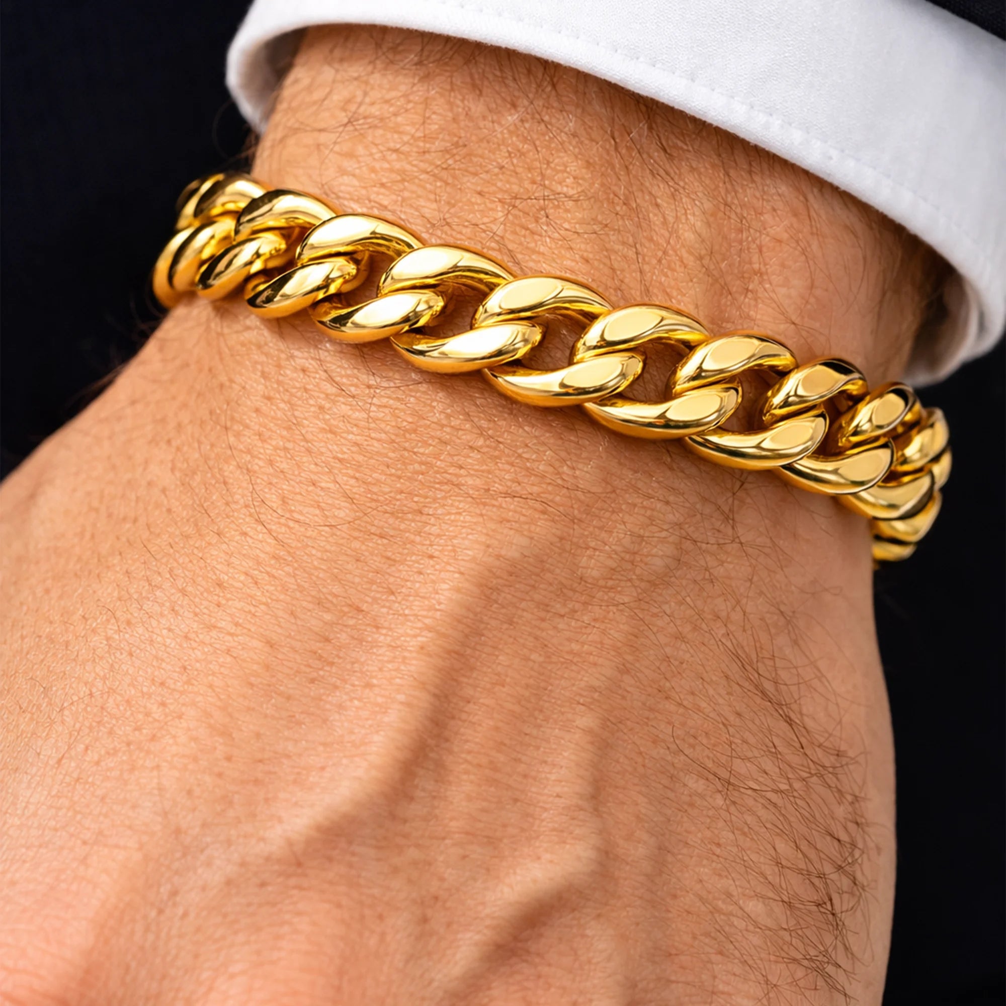 Miami Curb Cuban Link Chain Bracelet | 15mm Gold Plated Bold Statement Jewelry - MH ELEGANCE - Miami Curb Cuban Link Chain Bracelet | 15mm Gold Plated Bold Statement Jewelry -