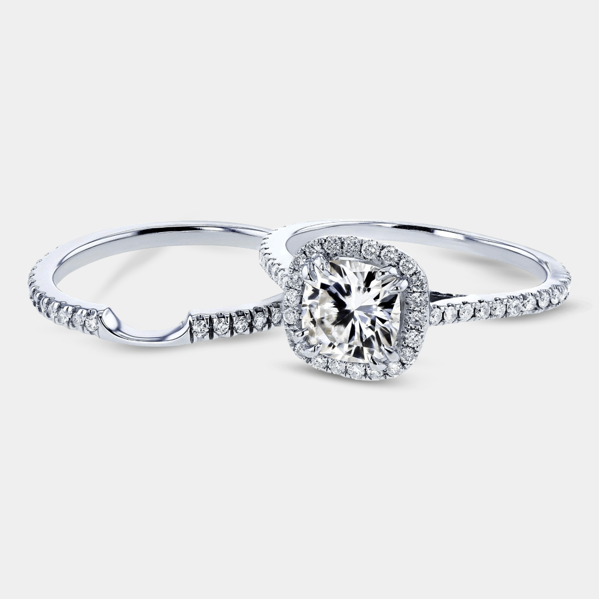 Moissanite & Diamond Halo Bridal Ring Set | Complete Bridal Set | 14K Gold - MH ELEGANCE - Complete moissanite and diamond halo bridal ring set in 14K gold showing engagement ring and wedding band together MH ELEGANCE -