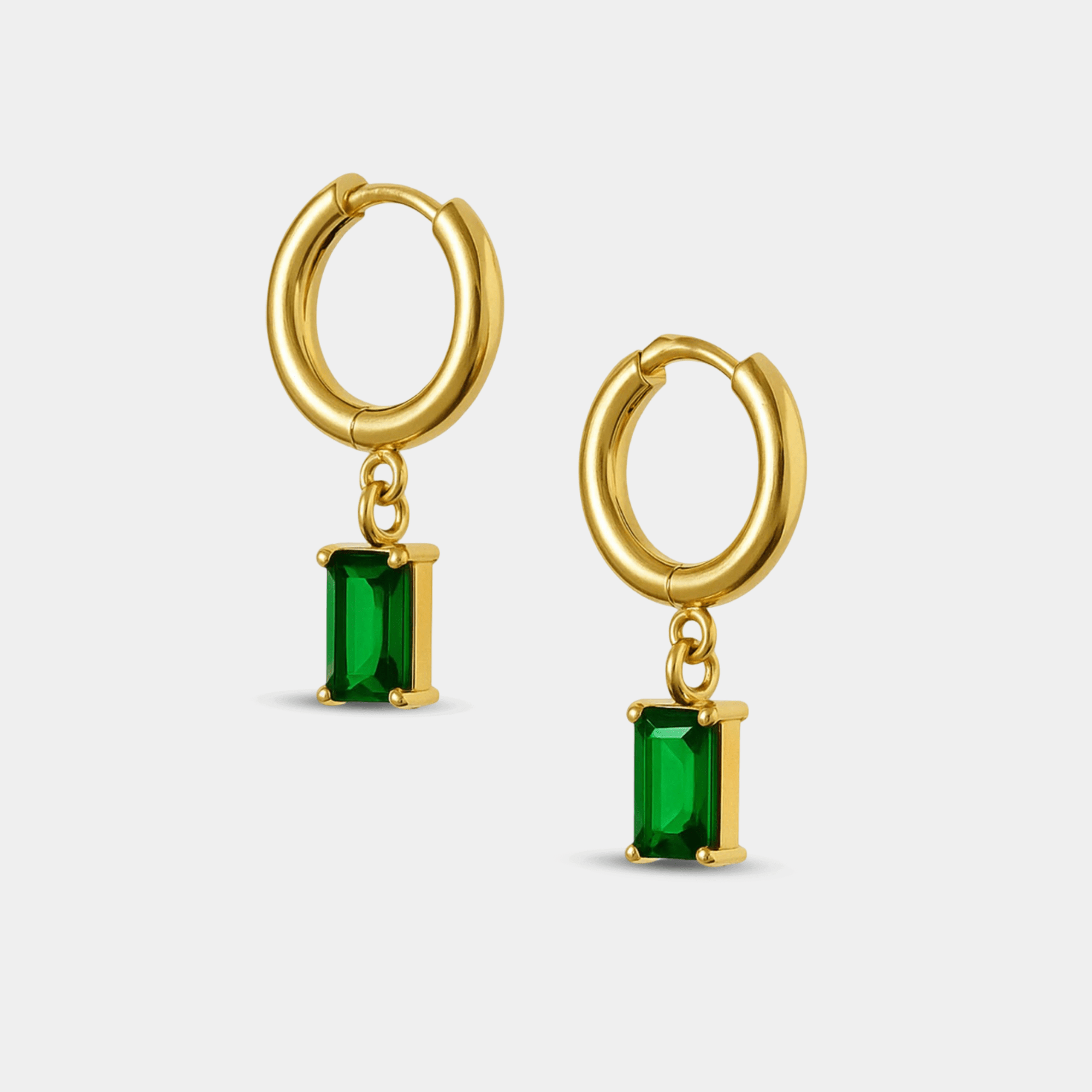 Side view of the green hoop earring showing the gold hoop