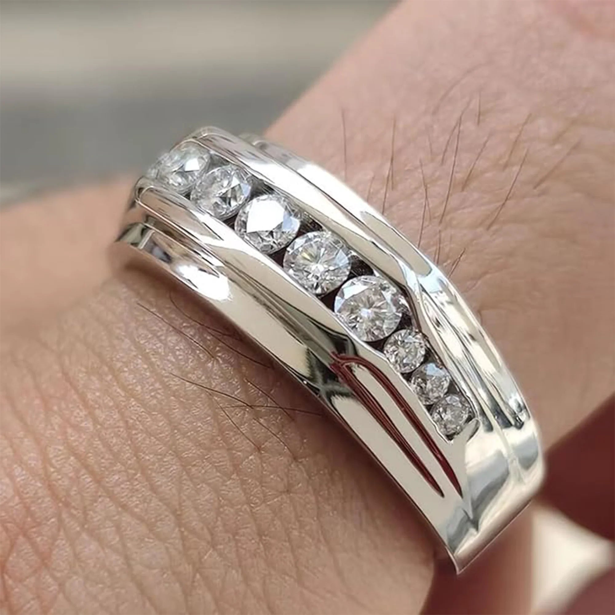 Moissanite Men's Wedding Band | Lab Created Diamond Alternative Ring - MH ELEGANCE - Moissanite Men's Wedding Band | Lab Created Diamond Alternative Ring -