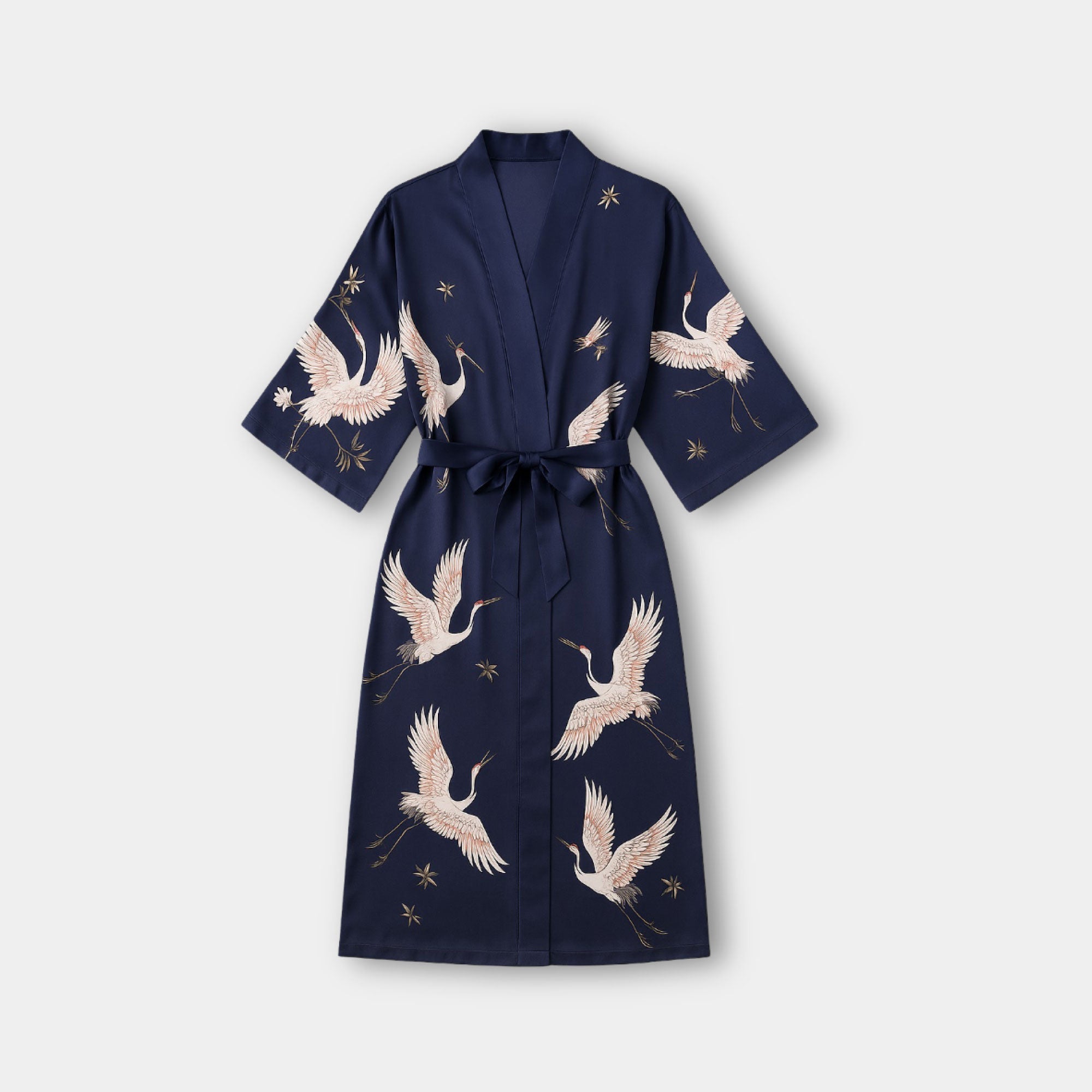 Navy Long Satin Robe - MH ELEGANCE - Navy Long Satin Robe -
