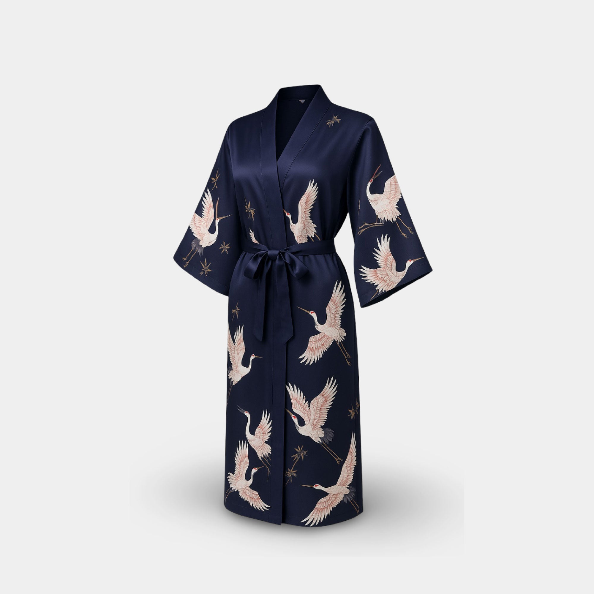 Navy Long Satin Robe - MH ELEGANCE - Navy Long Satin Robe -