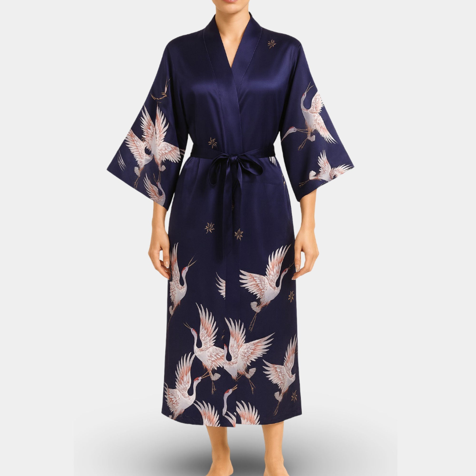 Navy Long Satin Robe - MH ELEGANCE - Navy Long Satin Robe -