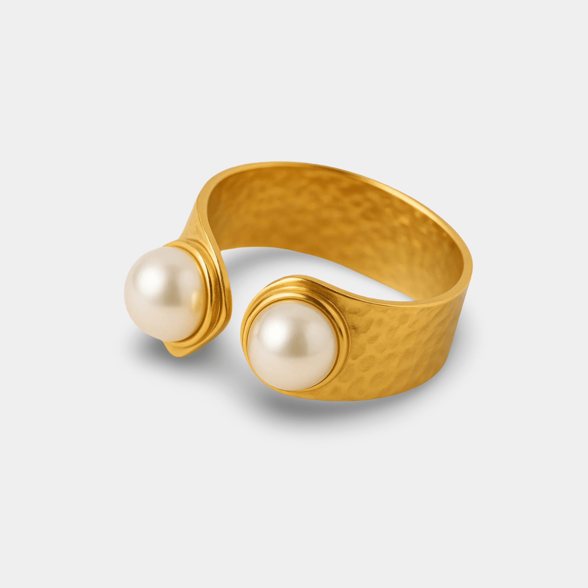 Angled view of the adjustable open gold band and dual pearl placement on the opulent duo pearl ring