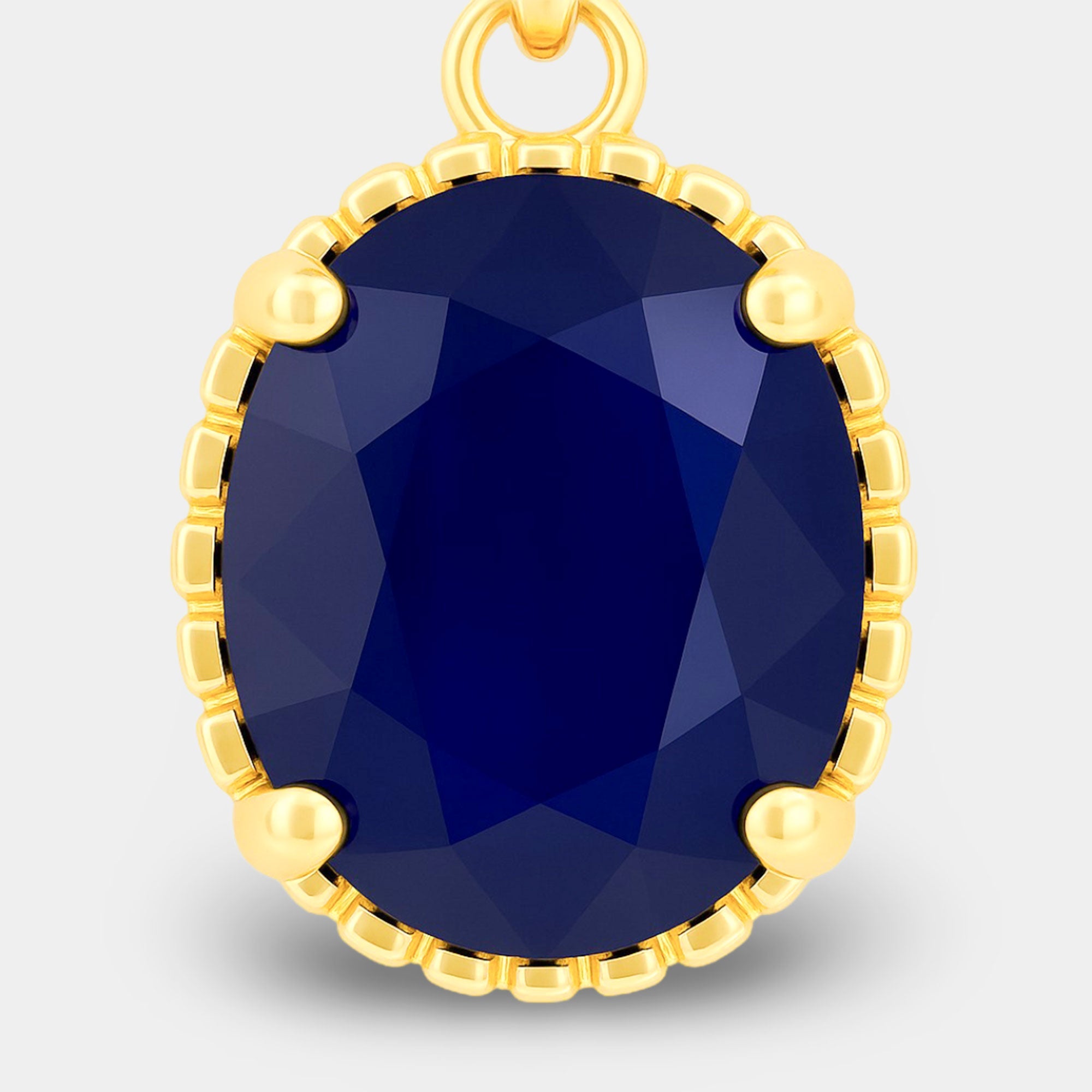 Gold plated silver blue sapphire solitaire necklace shown on an 18 inch cable chain with spring ring clasp