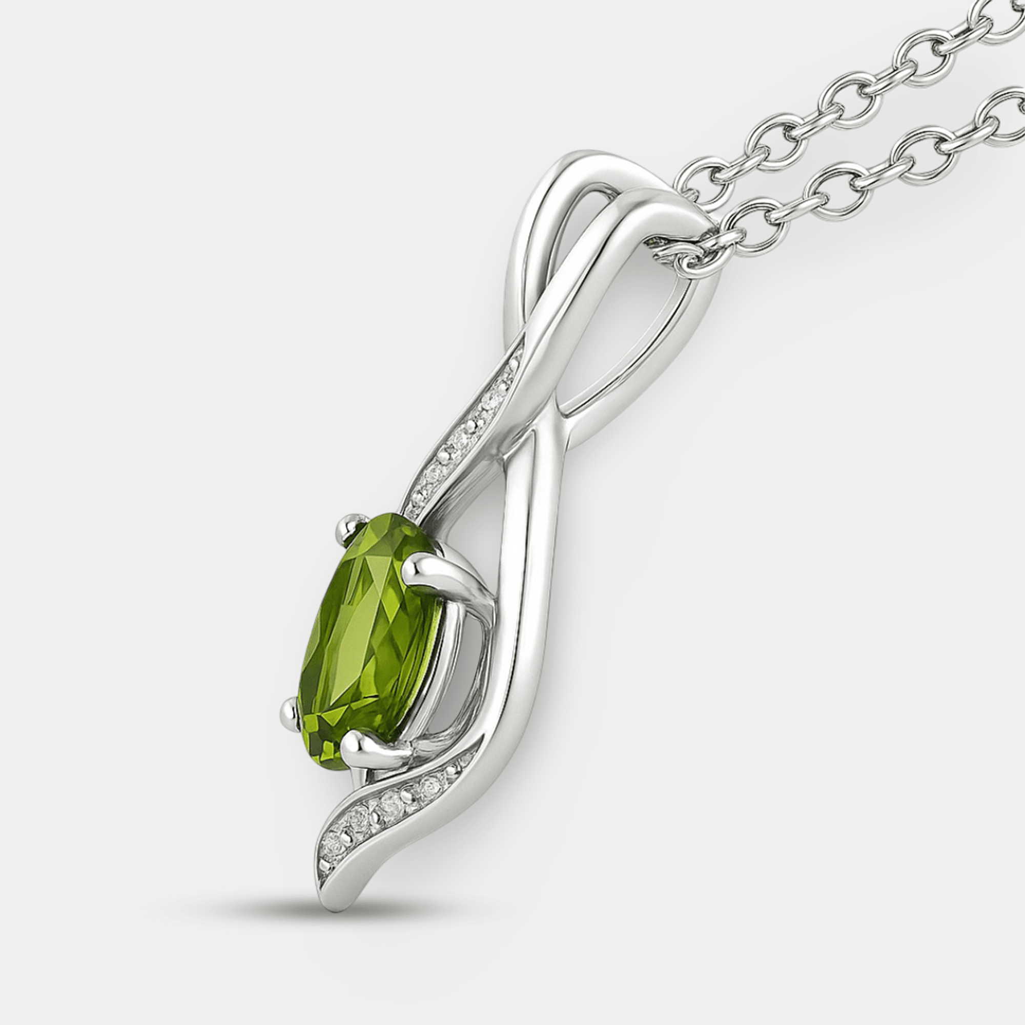 Peridot-green birthstone necklace on a 16 inch sterling silver chain with a lobster clasp